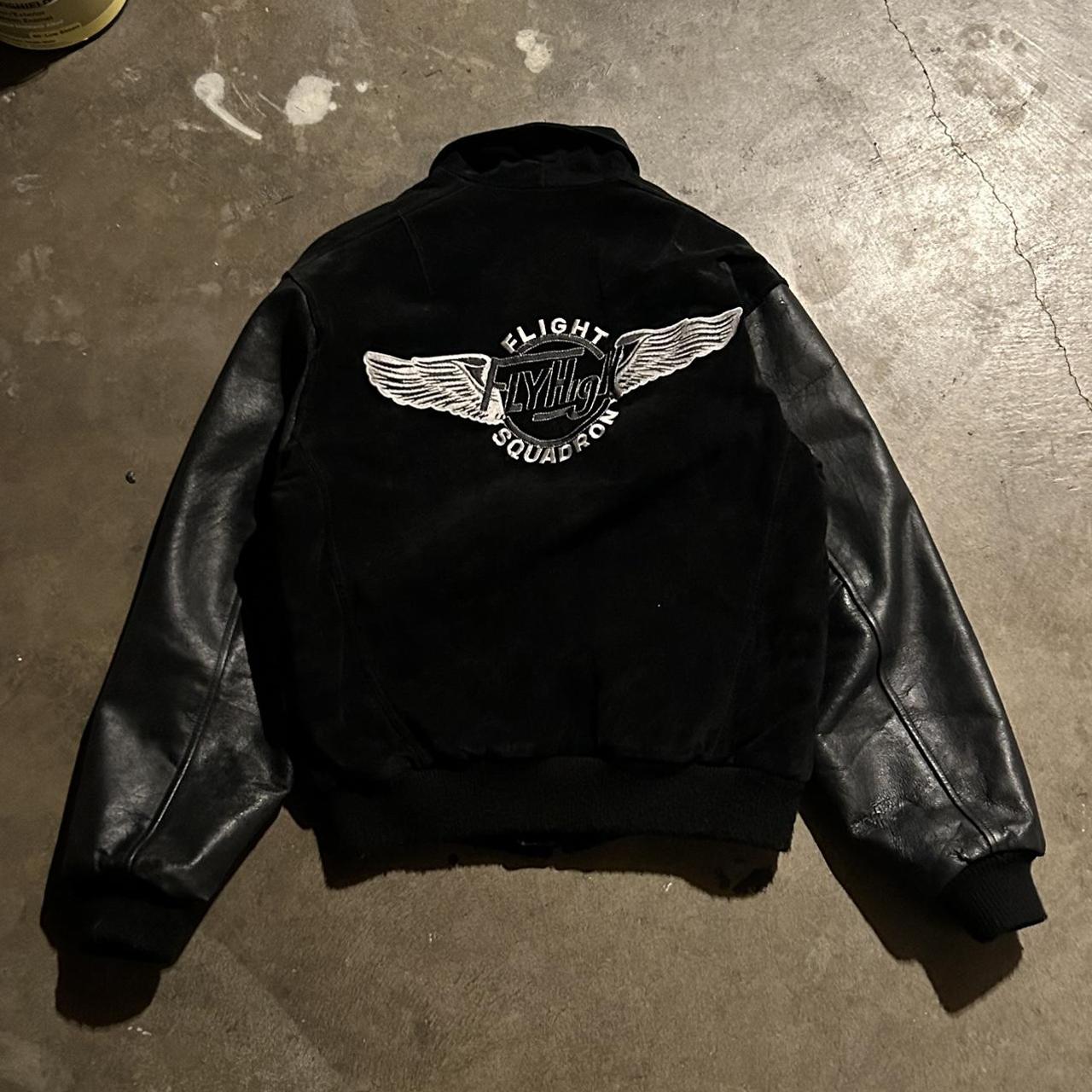 FLY HIGH SQUADRON LEATHER VARSITY BOMBER - cropped... - Depop
