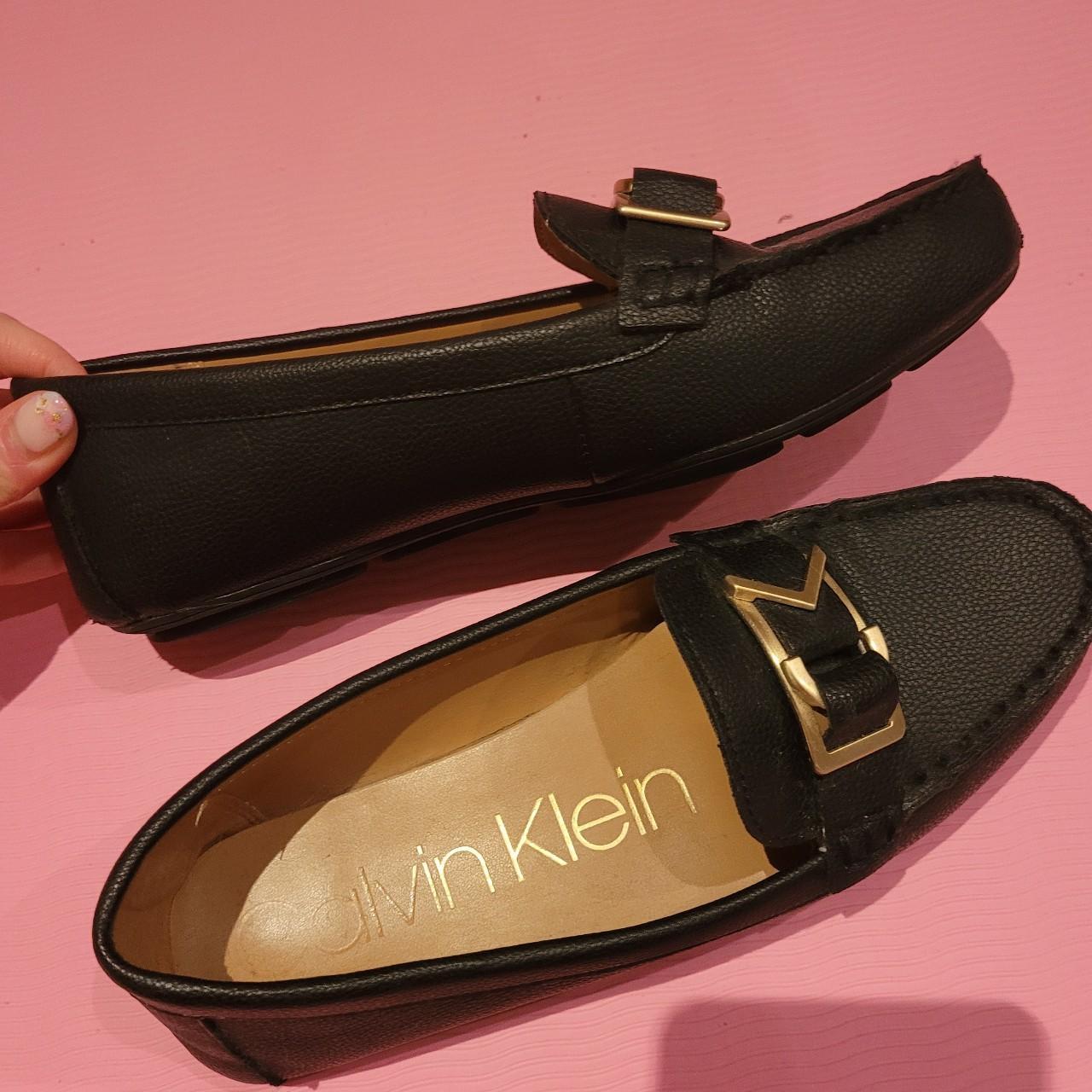 Calvin Klein Women's Black and Gold Loafers | Depop