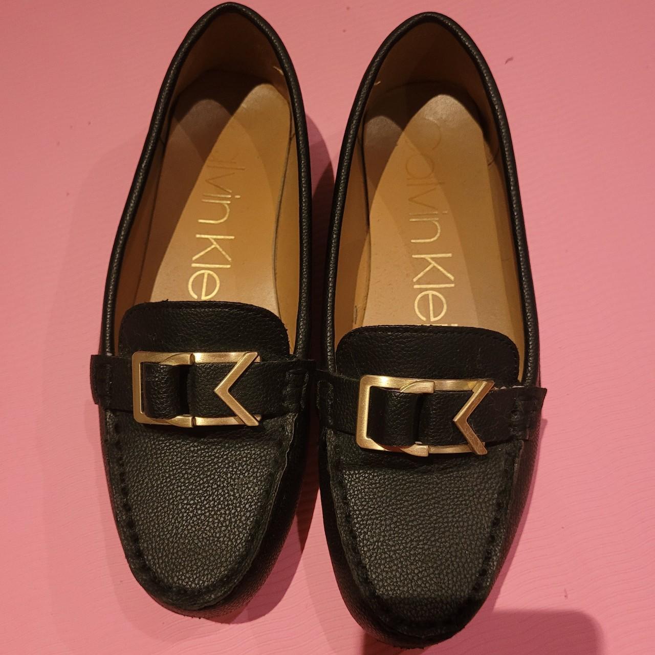 Calvin Klein Women's Black and Gold Loafers Depop