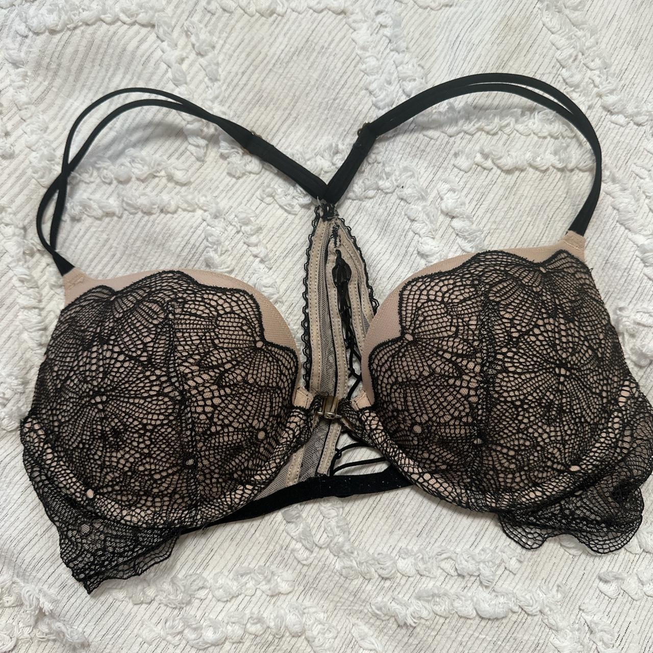 Lacy, black and nude Victoria's Secret bra, front - Depop