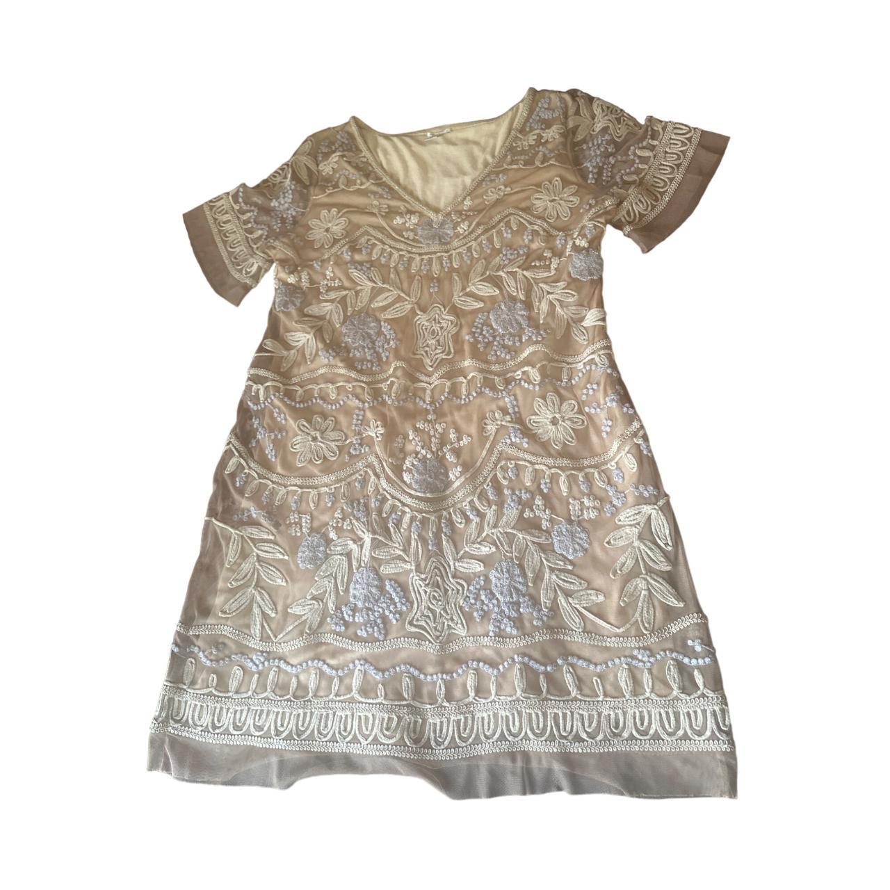 Sundance Beige Tan Embroidered V Neck Short