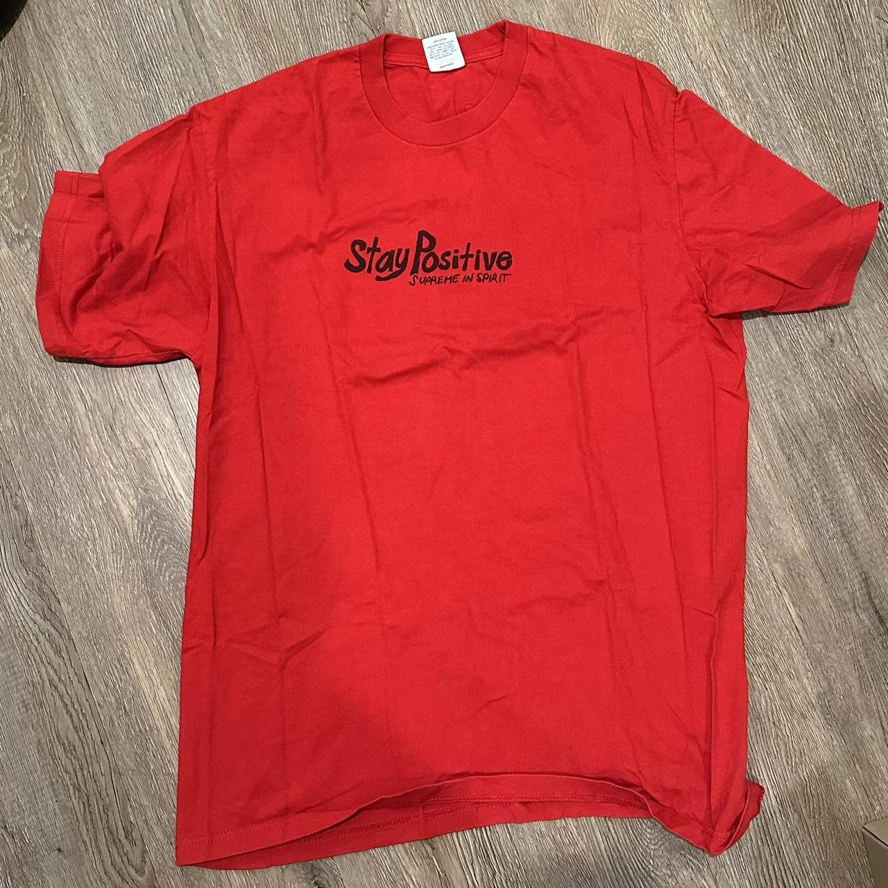 red supreme “stay positive” graphic tee in a size | Depop