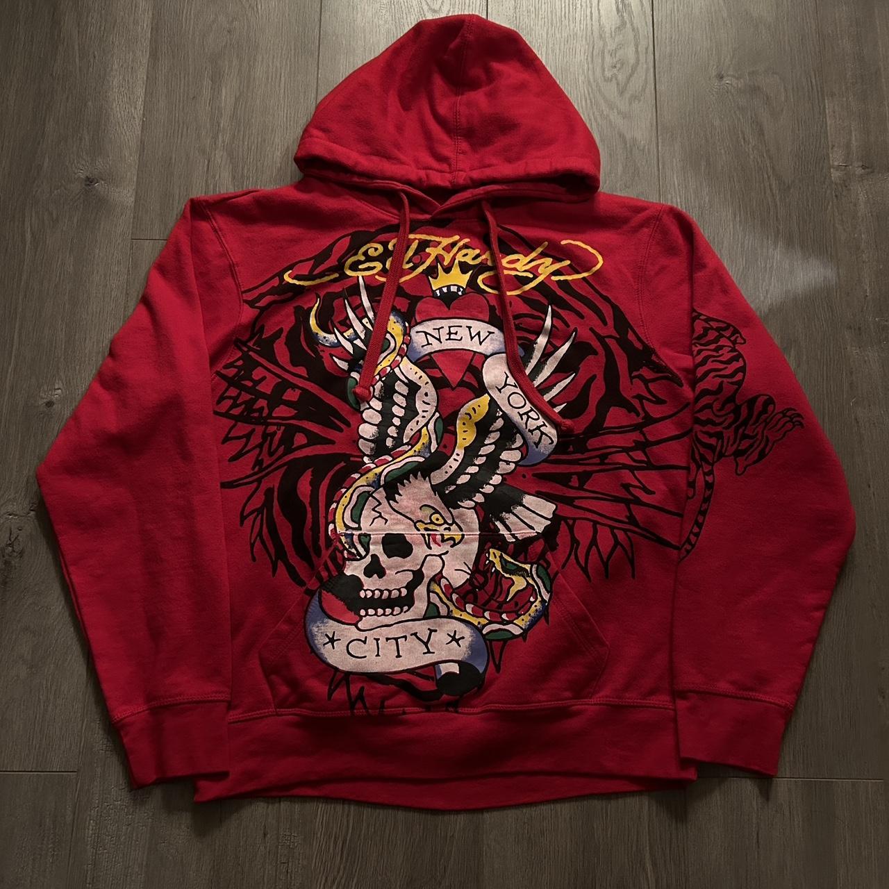 red ed hardy hoodie size L perfect condition, brand... - Depop