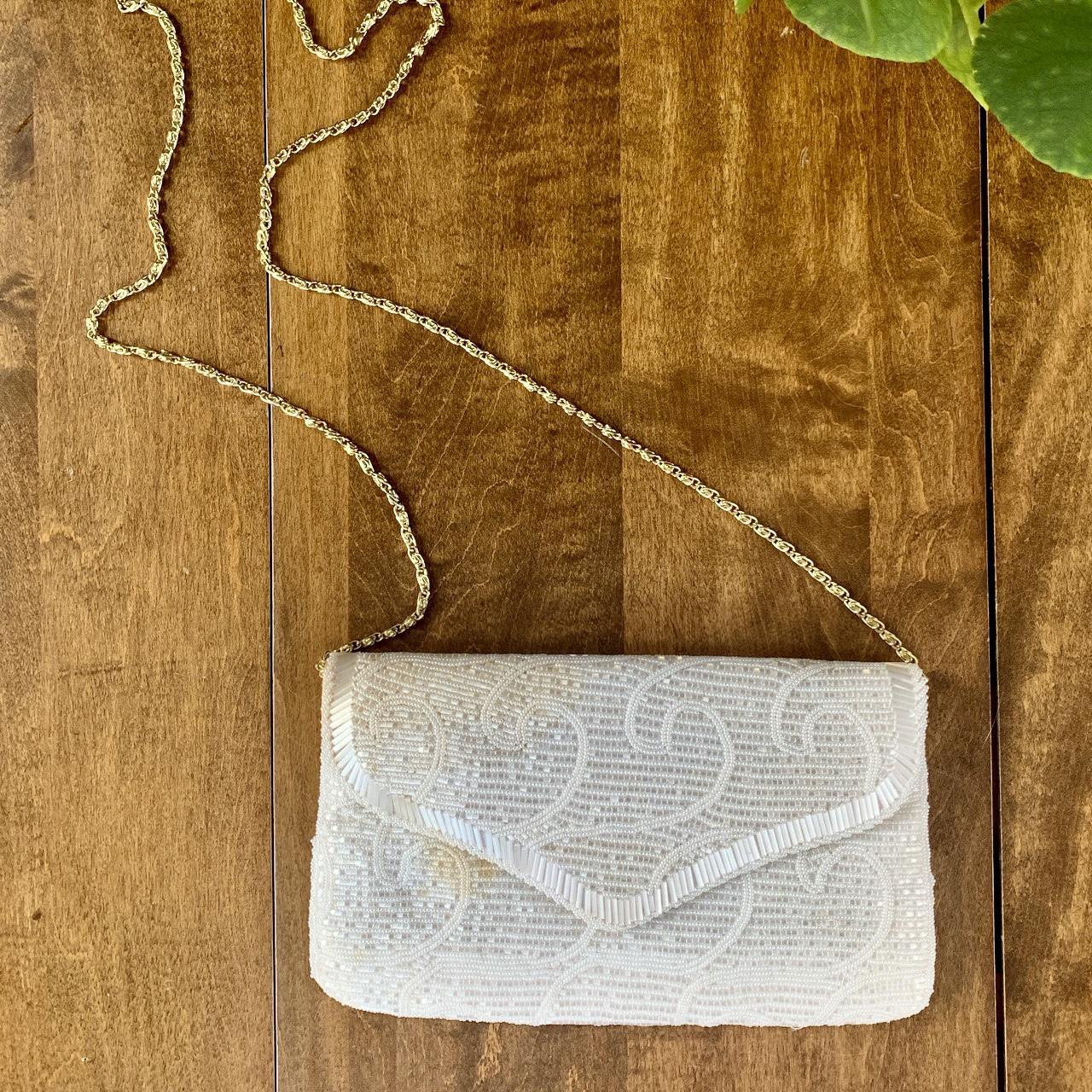 Vintage 70's/80's White Beaded Purse with Gold Chain by La Regale