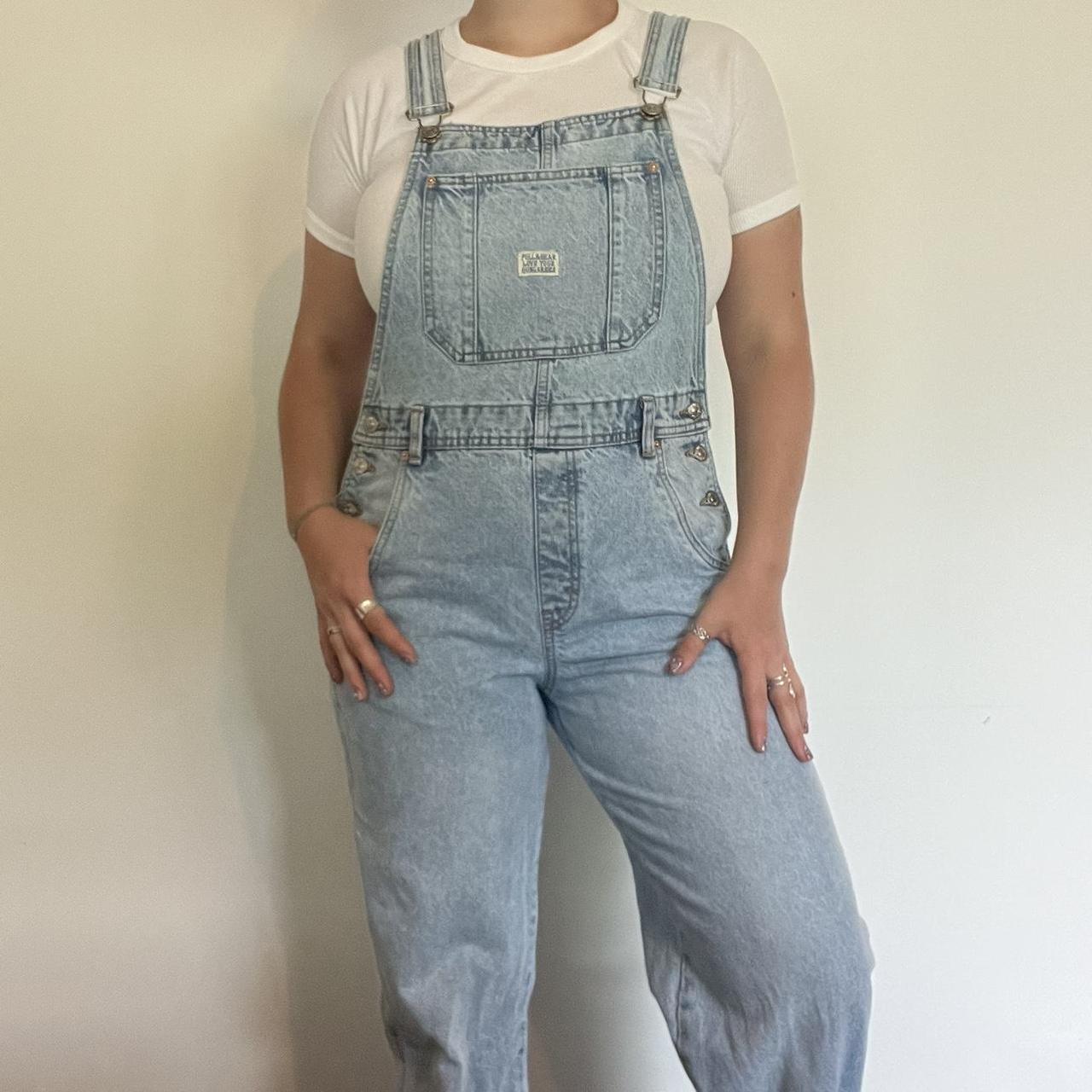 Pull&Bear dungarees light blue wash colour hardly... - Depop