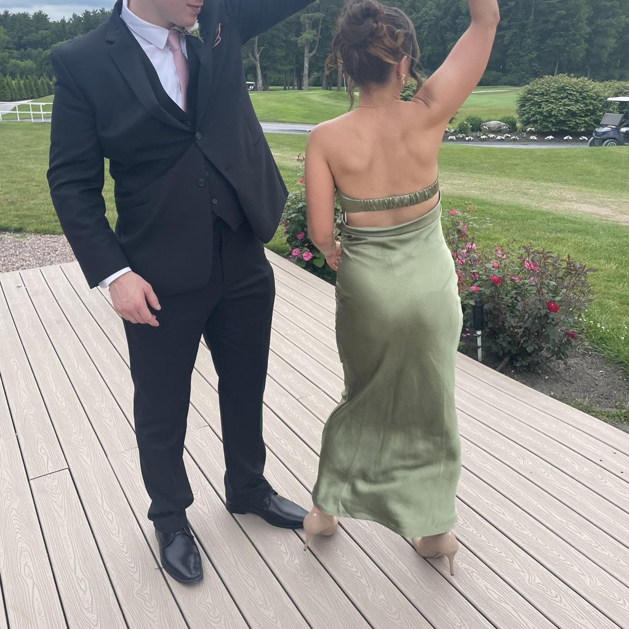 Olive green wedding guest dress open cowl back silk Depop