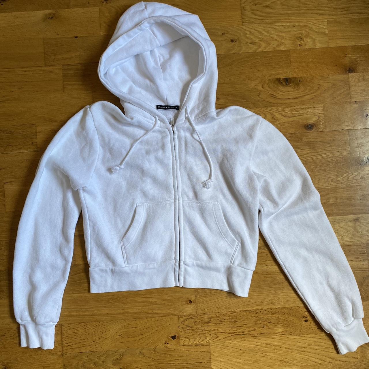 Vintage Brandy Melville White Cropped Hoodie Super... - Depop