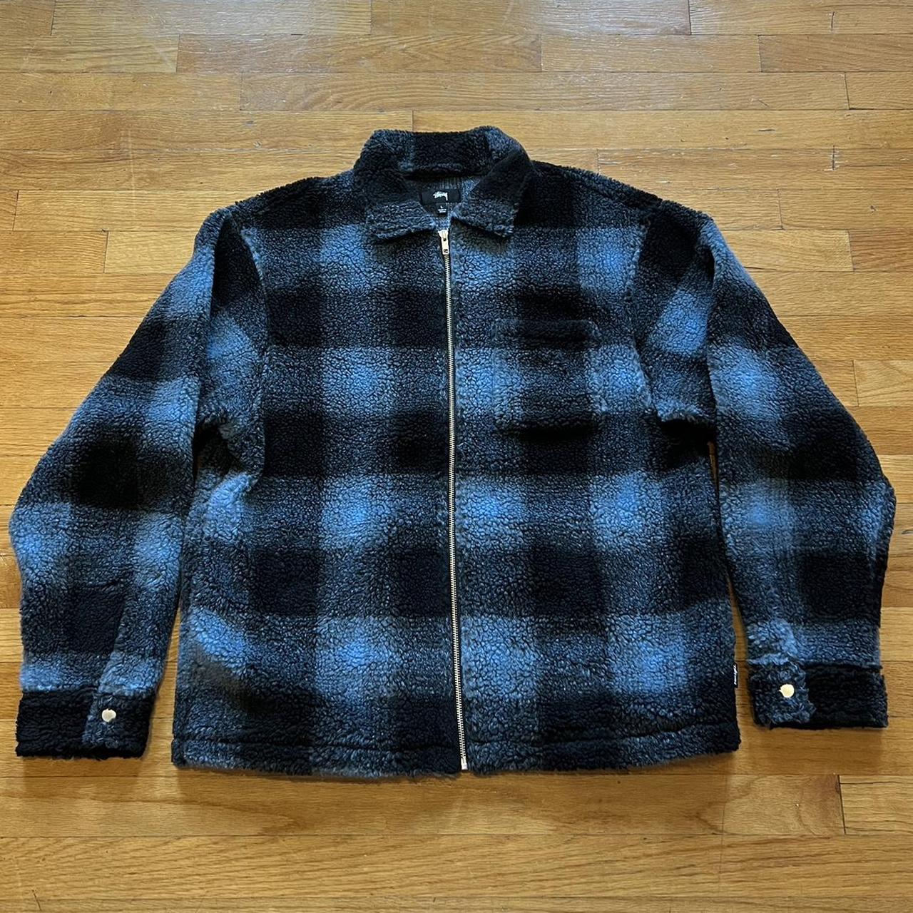 Stussy - Sherpa Zip Shirt - Black/Blue Plaid Worn... - Depop