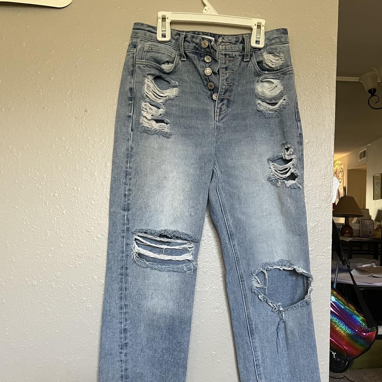 High waisted, ripped straight leg jeans, with button... - Depop