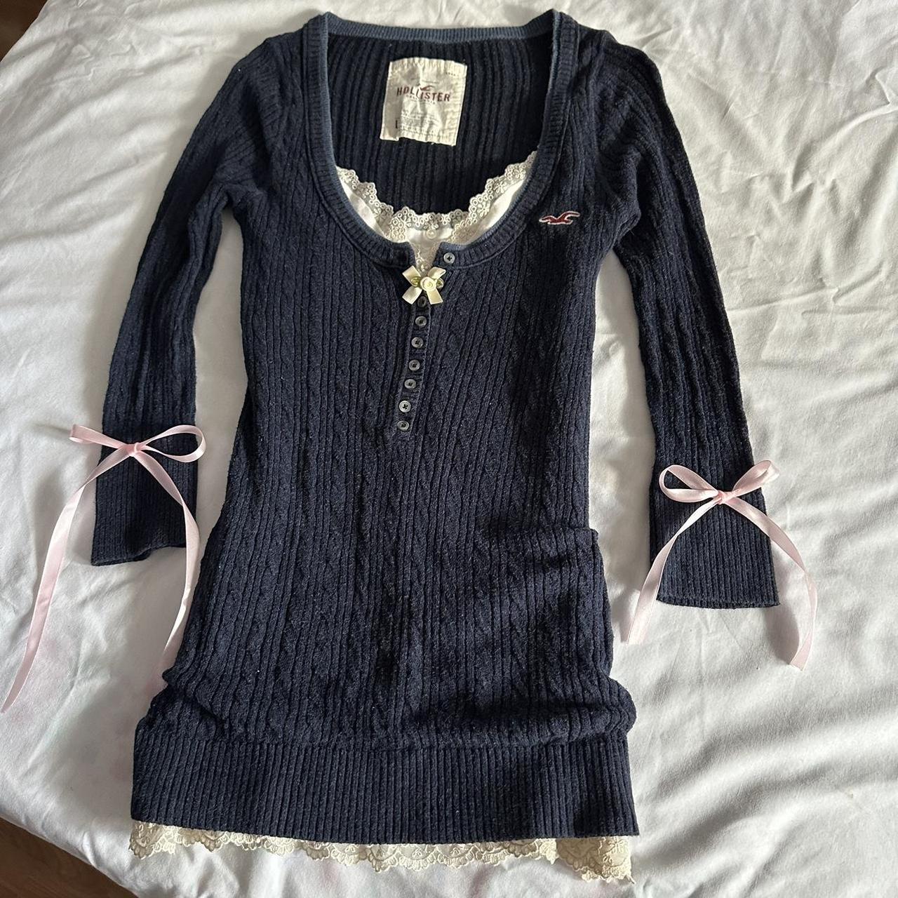 Vintage 2000s navy blue cable knit button down... - Depop