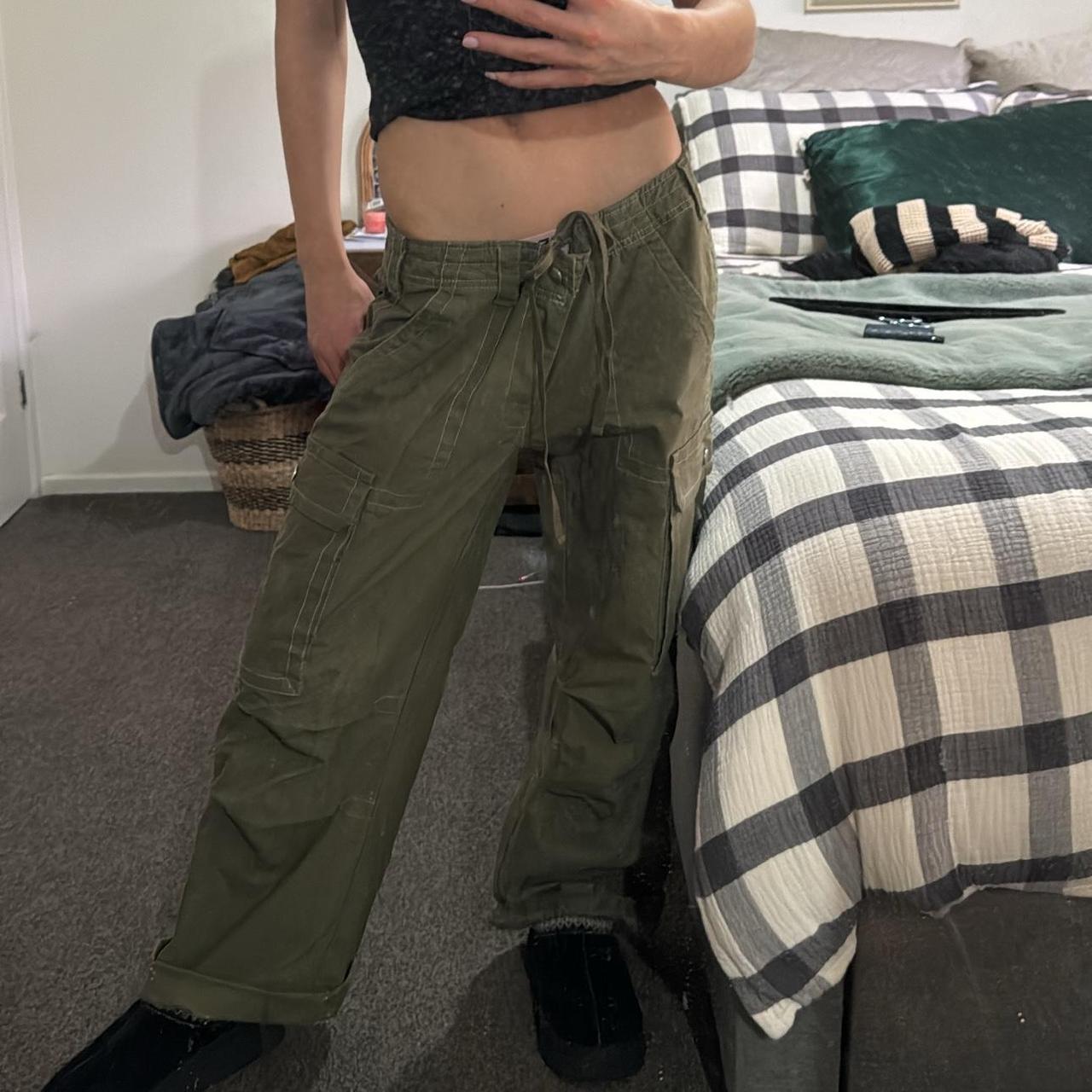 Green khaki cargo drawstring pants from iamgia never... Depop