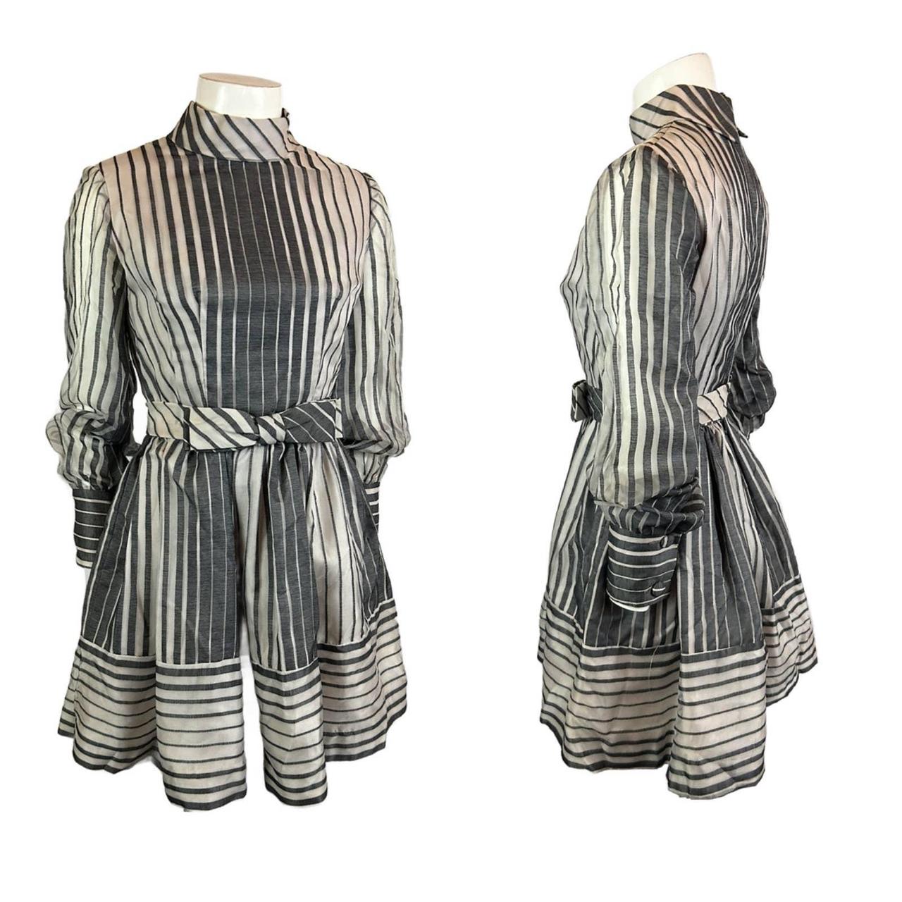 1960s Gray Stripe Fit and Flare Mini Dress Sheer... - Depop