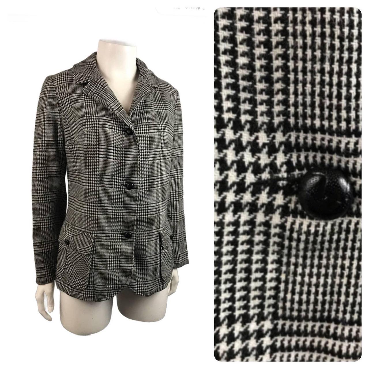 1960s Black & White Houndstooth Button Up Blazer... - Depop