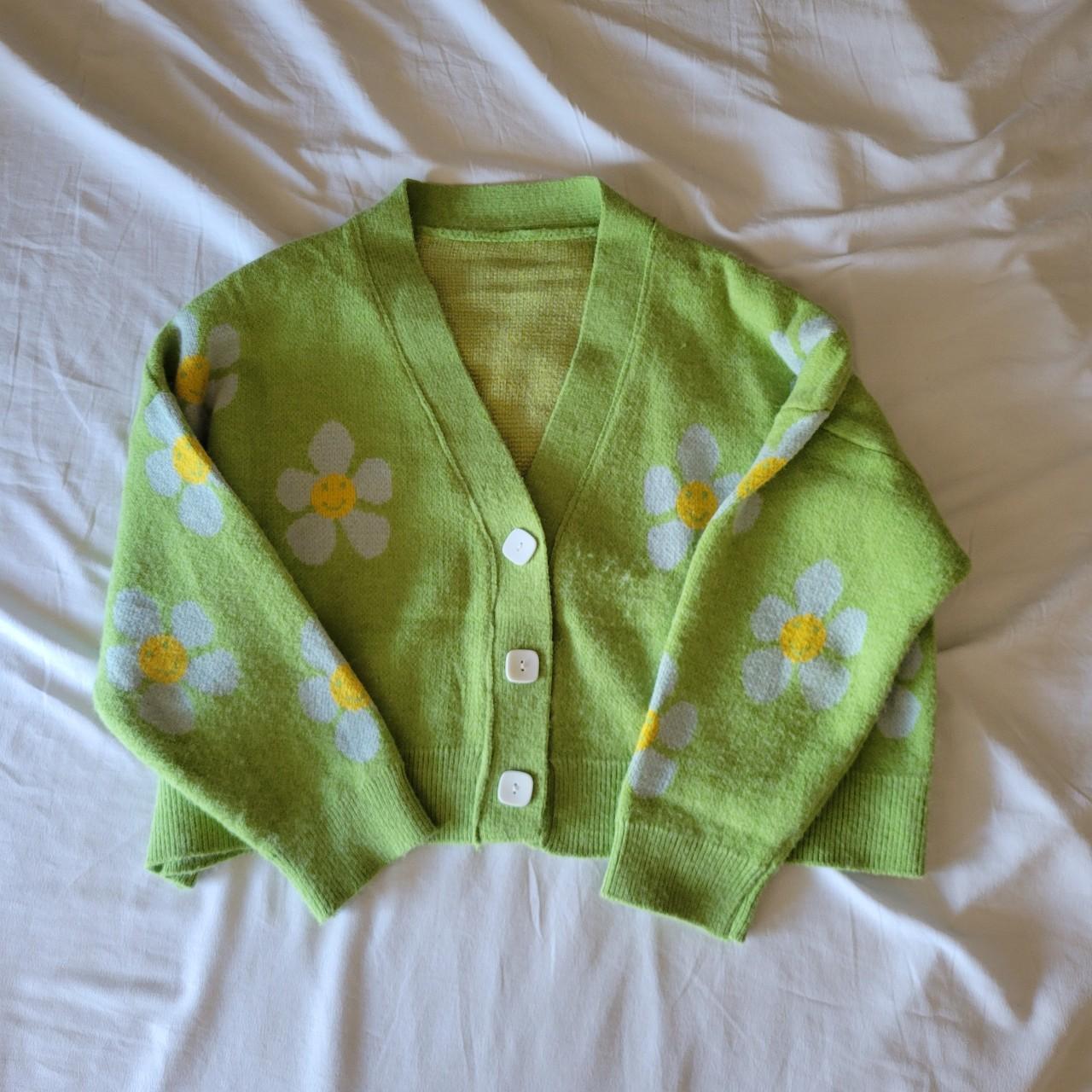 GREEN SMILEY FACE FLOWER CARDIGAN. ONLY WORN A FEW... Depop