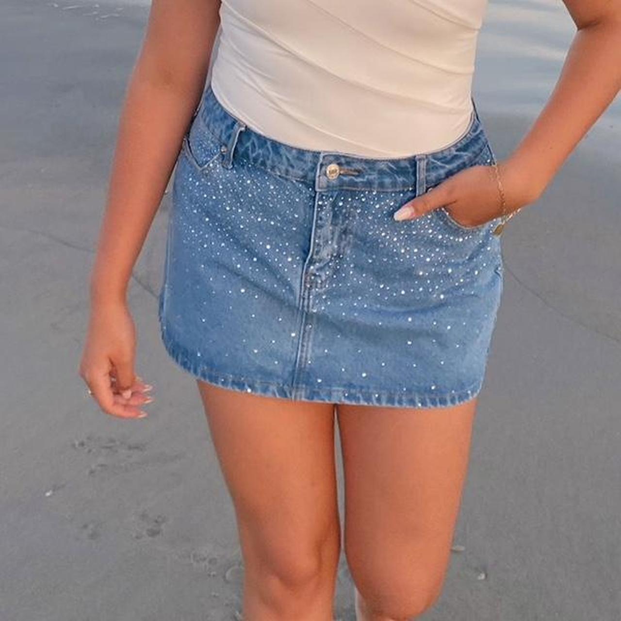 Edikted bedazzled jean mini skirt. Size medium. Only... Depop
