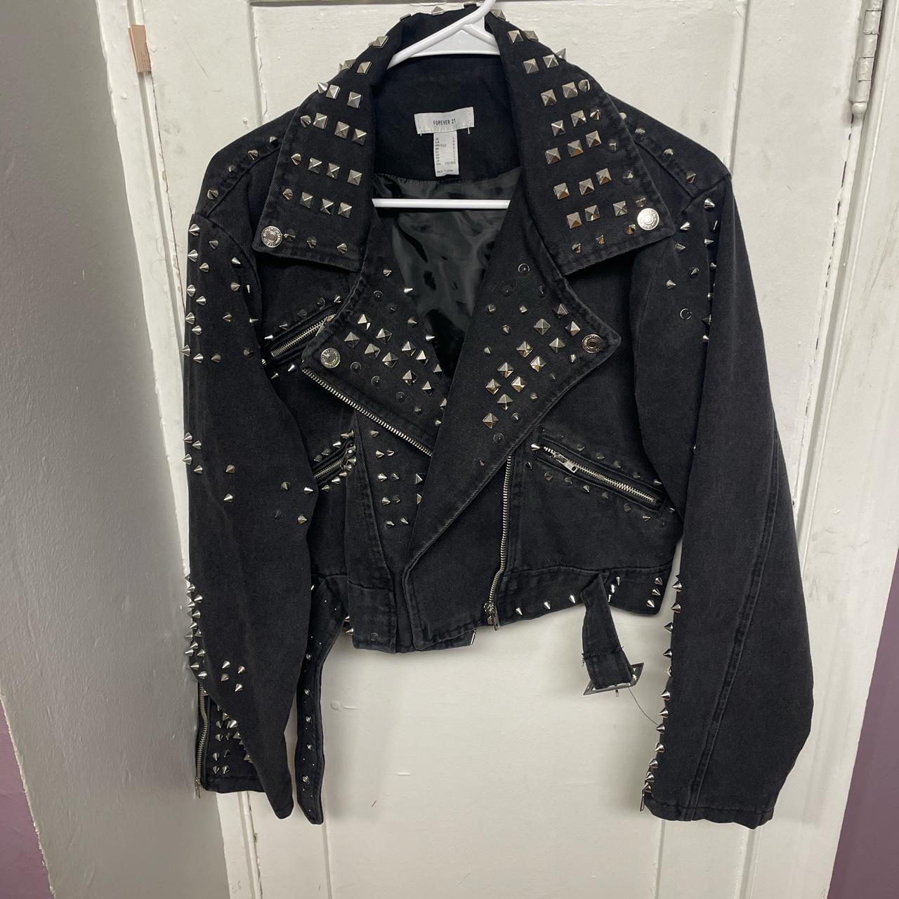 Black Studded Denim Jacket - only been worn once... - Depop