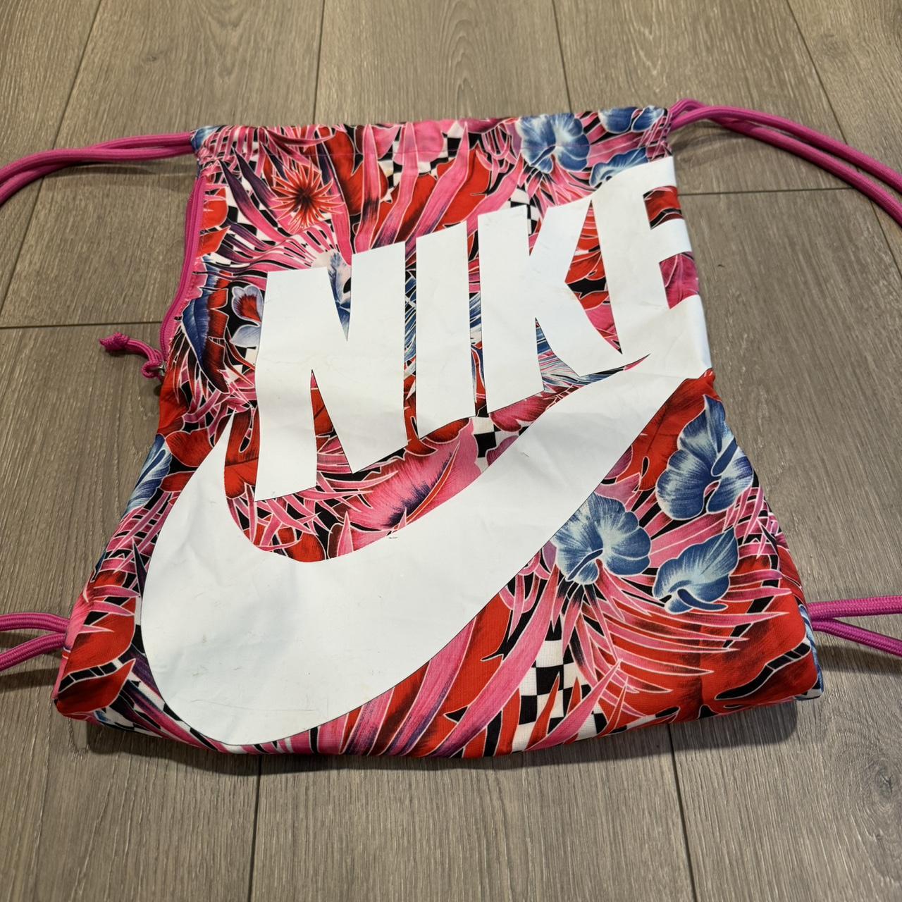 Pink floral checkerboard Nike drawstring bag I used