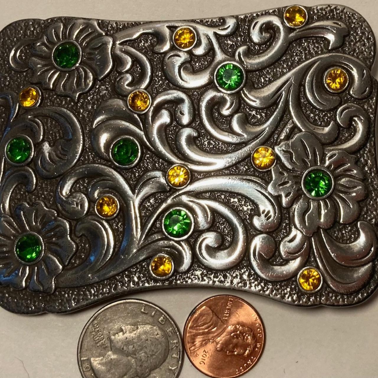 Vintage Metal Belt Buckle, Nice Green and Yellow... - Depop