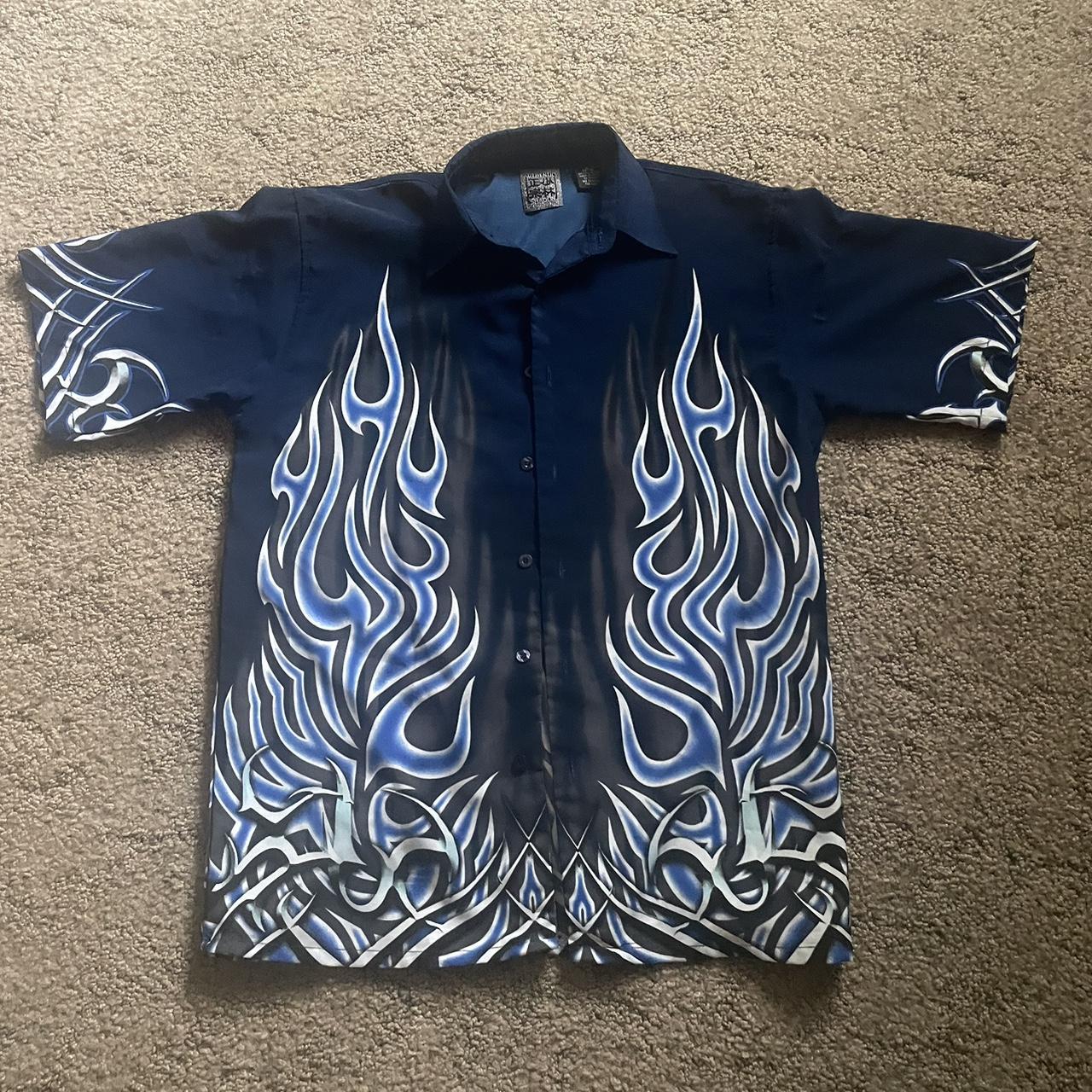 Y2k flame button up, made from a Korean company.... - Depop