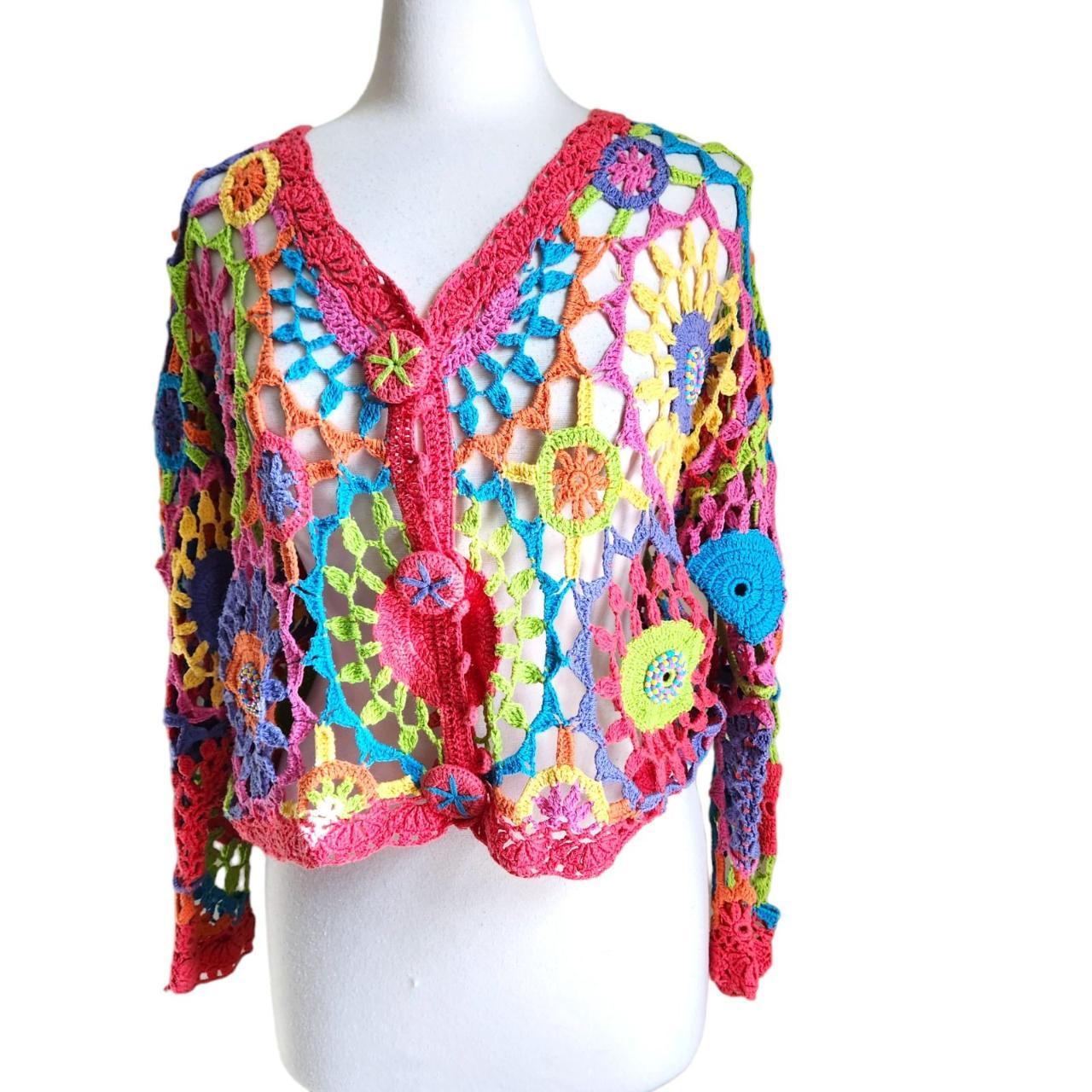 Vintage 90's Crochet Block Color Geometric Cardigan... - Depop