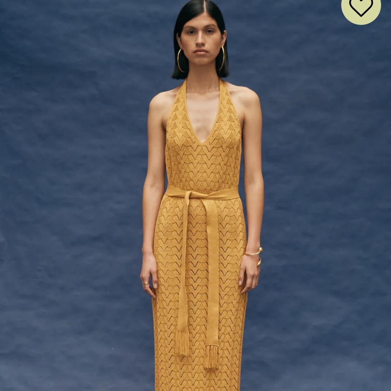 Mustard yellow knit halter neck maxi dress with