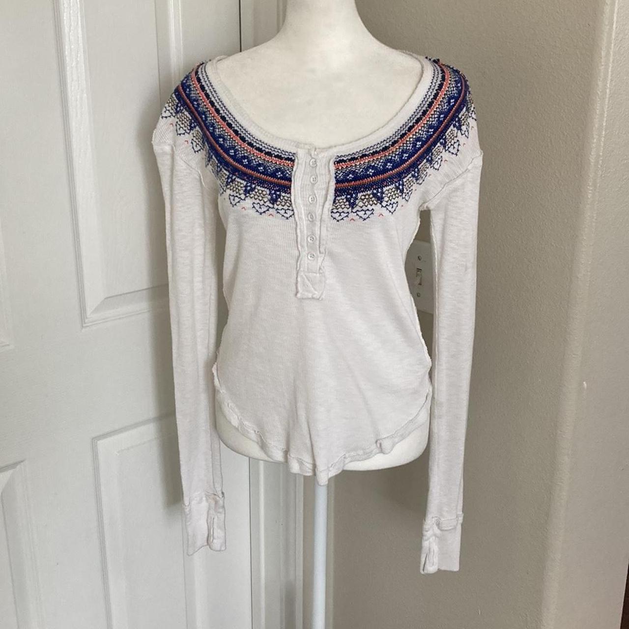 We The Free Fair Isle Thermal Embroidered Henley Top Charcoal Gray Size S