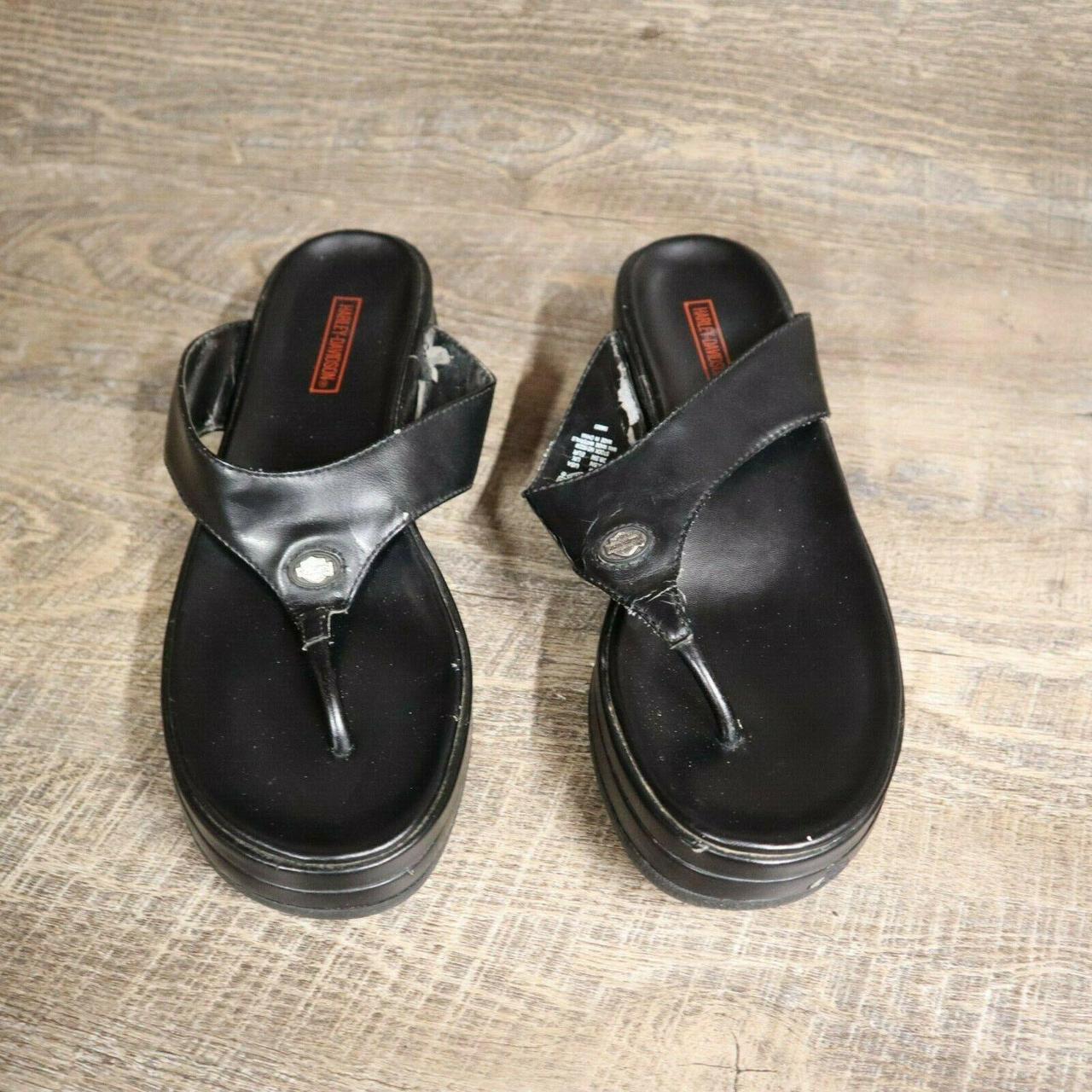 Harley Davidson Black Leather Flip Flops Flames Open... - Depop