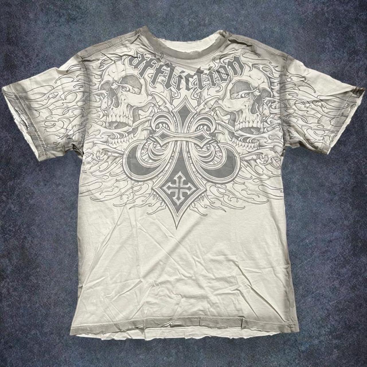 Affliction Men's Grey and White T-shirt
