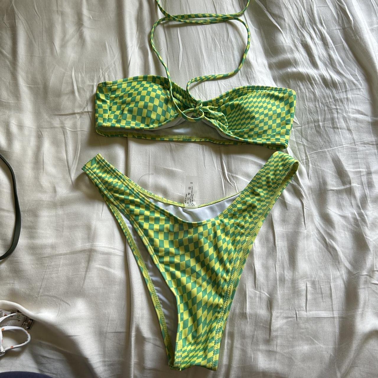 neon green yellow checkered bikini top is a bandeau