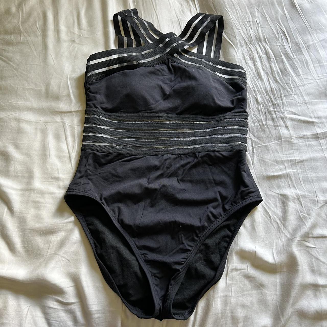 one piece bathing suit with sheer striping includes... - Depop