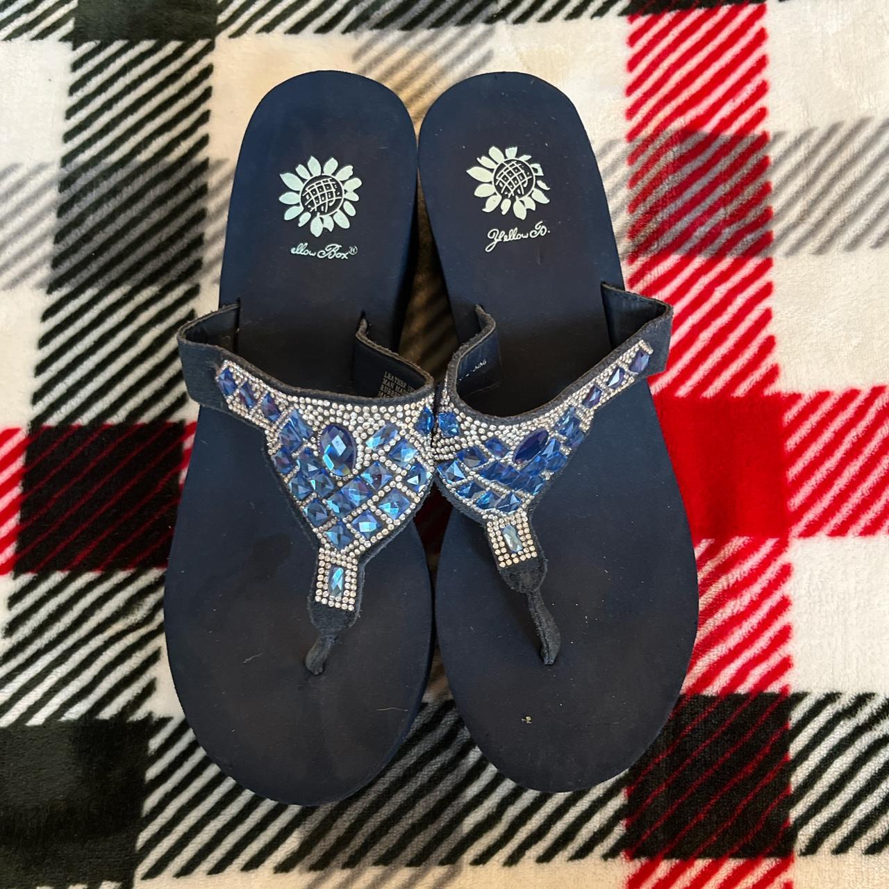 Yellow Box Women's Silver and Navy Sandals | Depop