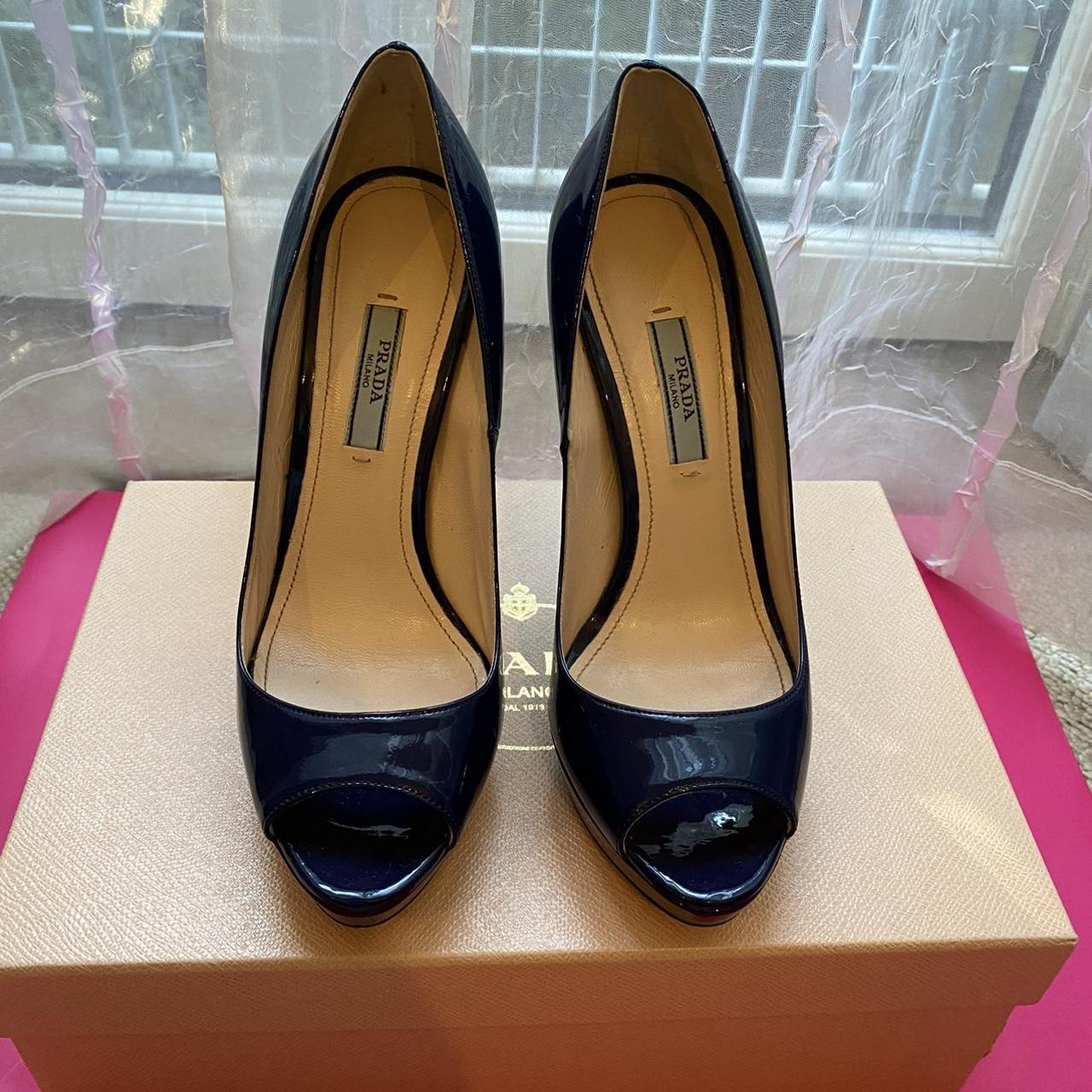 Prada Navy Patent Leather Platform Peep Toe Heels Depop