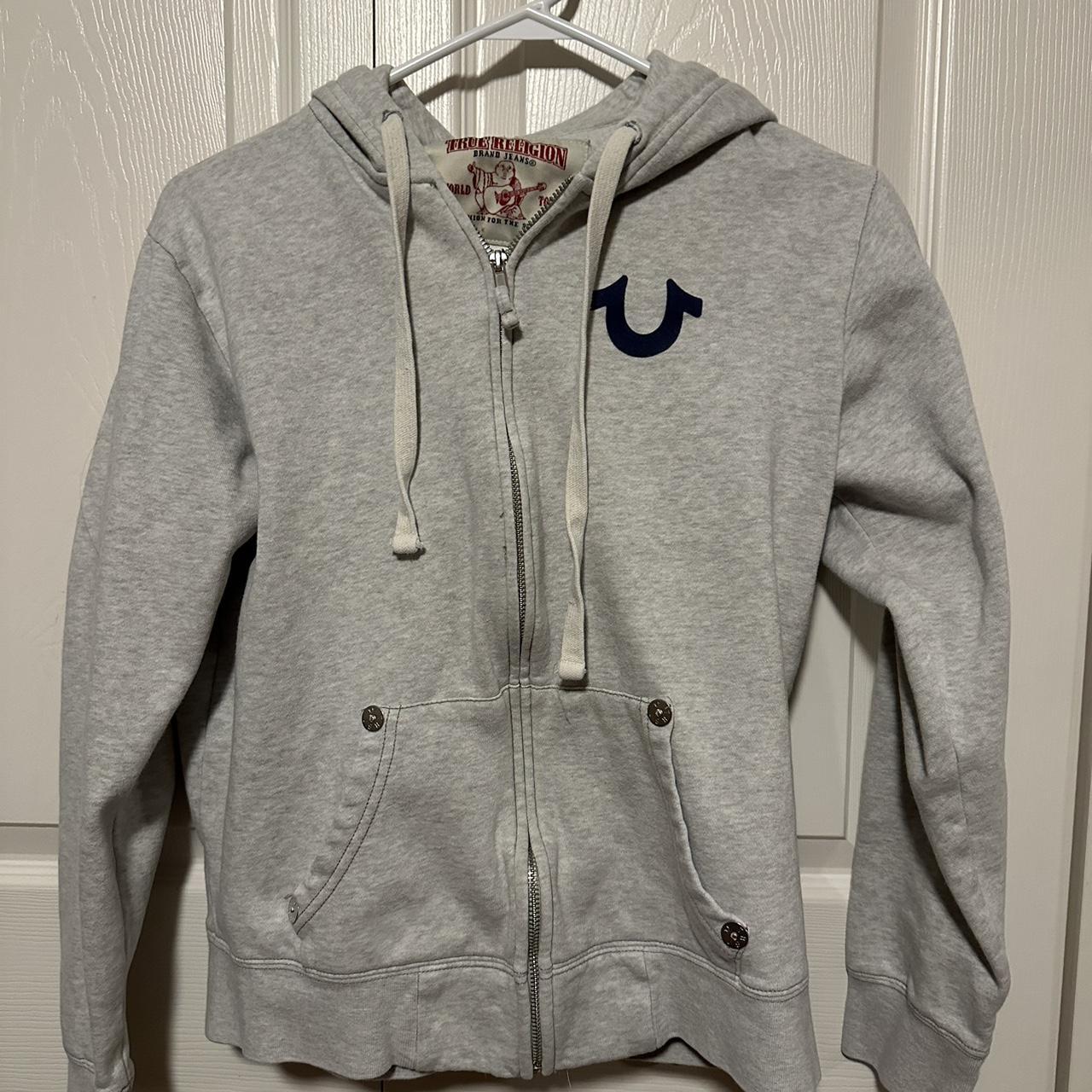 True Religion Women's Grey and Blue Hoodie | Depop