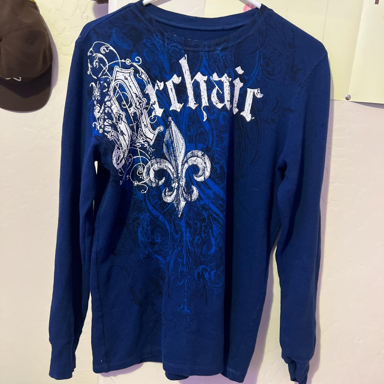 Affliction Men's Navy and Blue Shirt | Depop