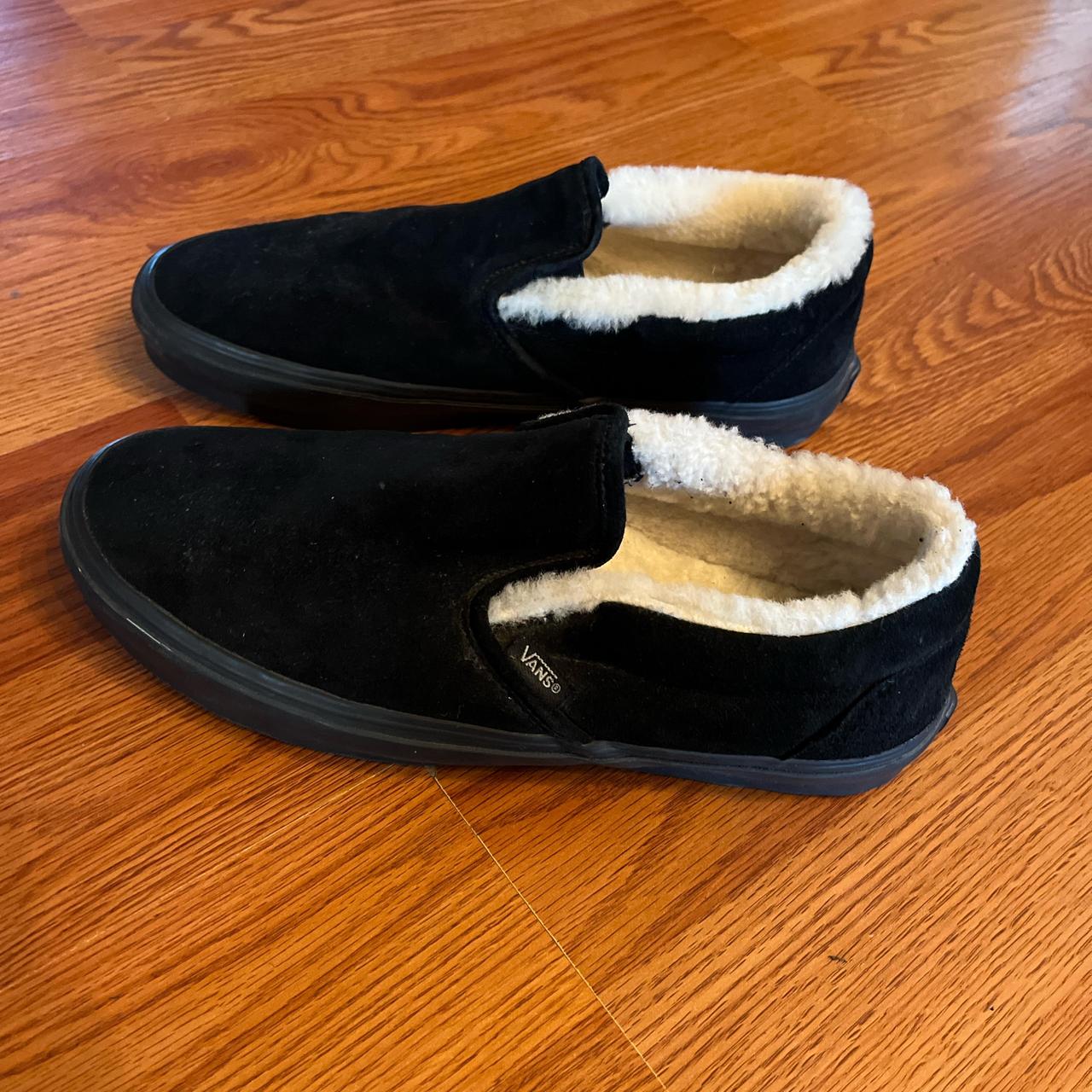 Black and white Vans slip ons with faux fur lining. Depop