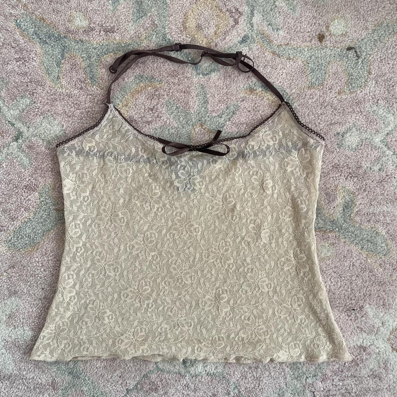 Delicate Light Brown Lace Halter with Ribbon Detail... - Depop