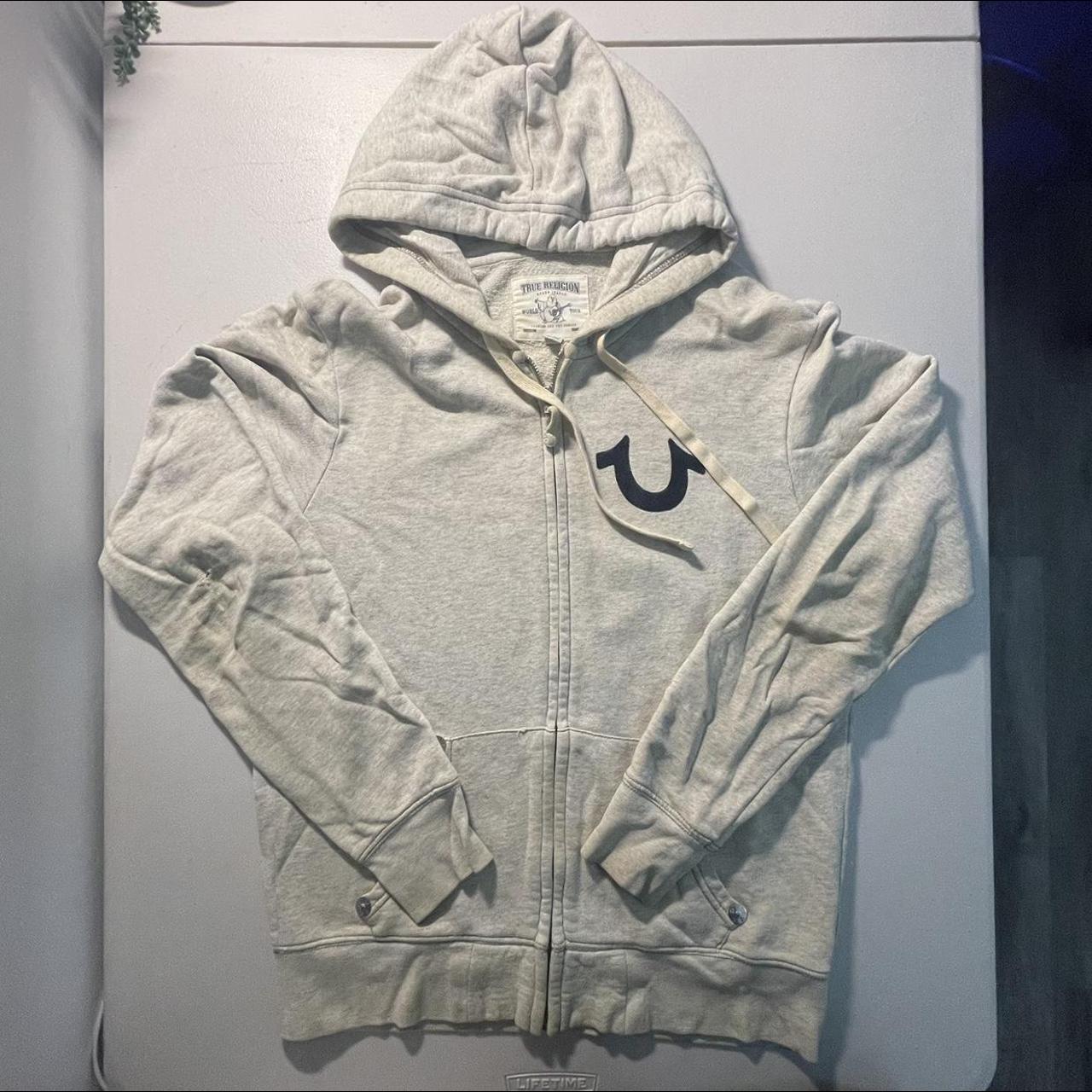 True Religion Men's Cream and Navy Hoodie | Depop