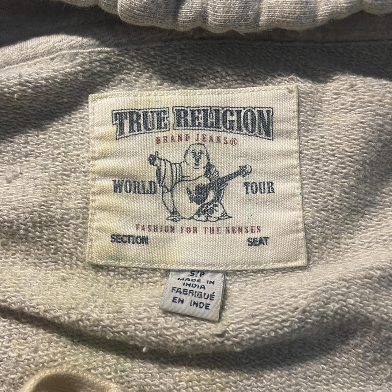 True Religion Men's Cream and Navy Hoodie | Depop