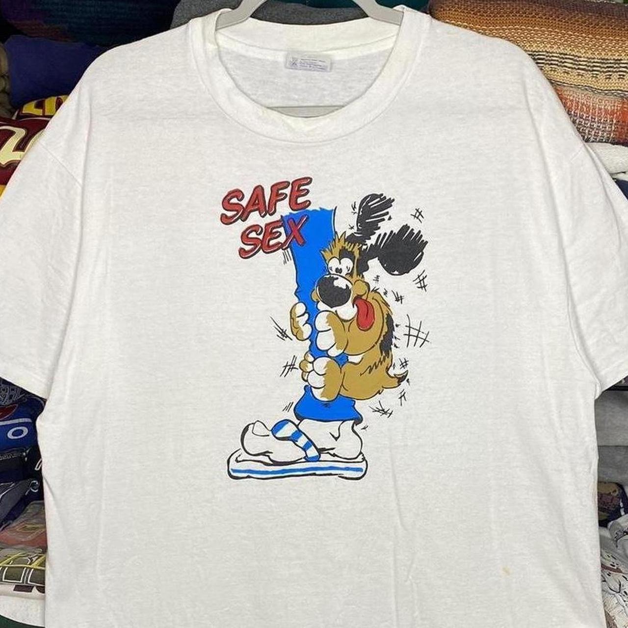 Vintage 90s Dog “Safe Sex” Funny Cartoon Shirt Mens... - Depop