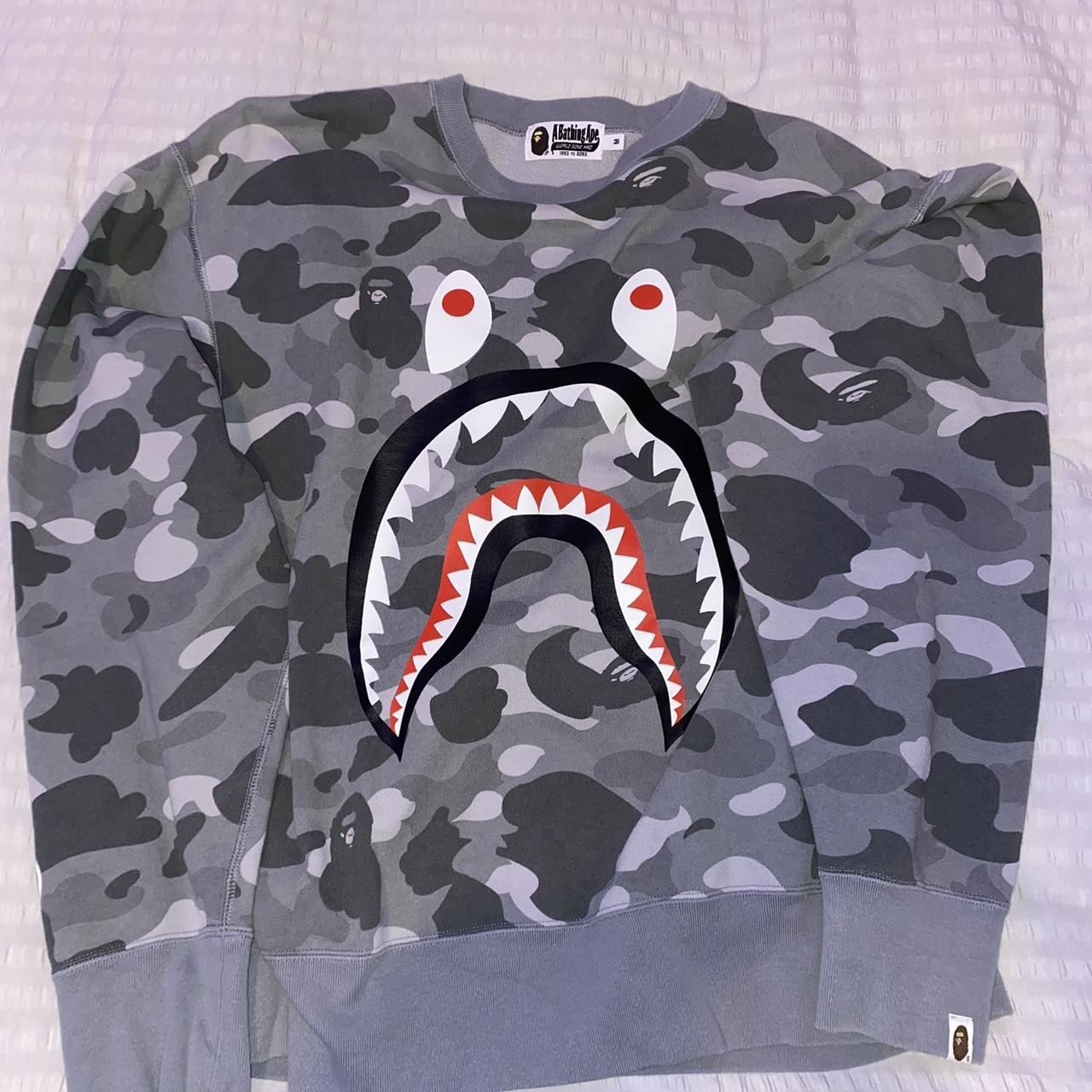 Bape camo shark jumper crewneck, size medium Grey... - Depop