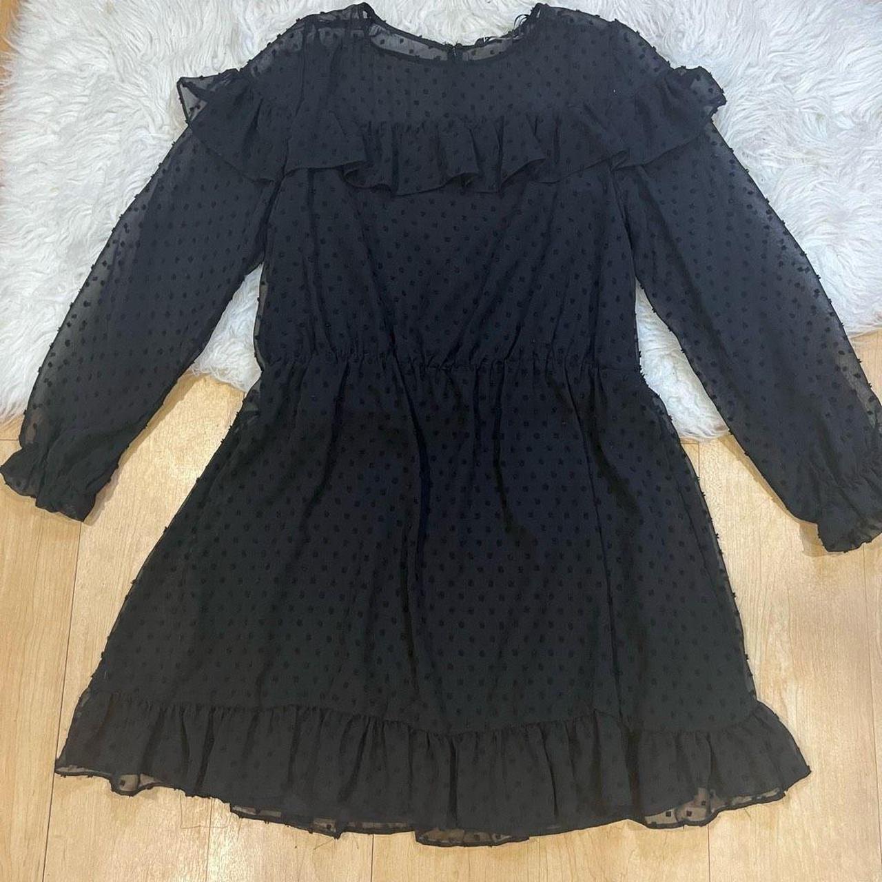 Zara Black Dotted Mesh Dress with Ruffles Depop