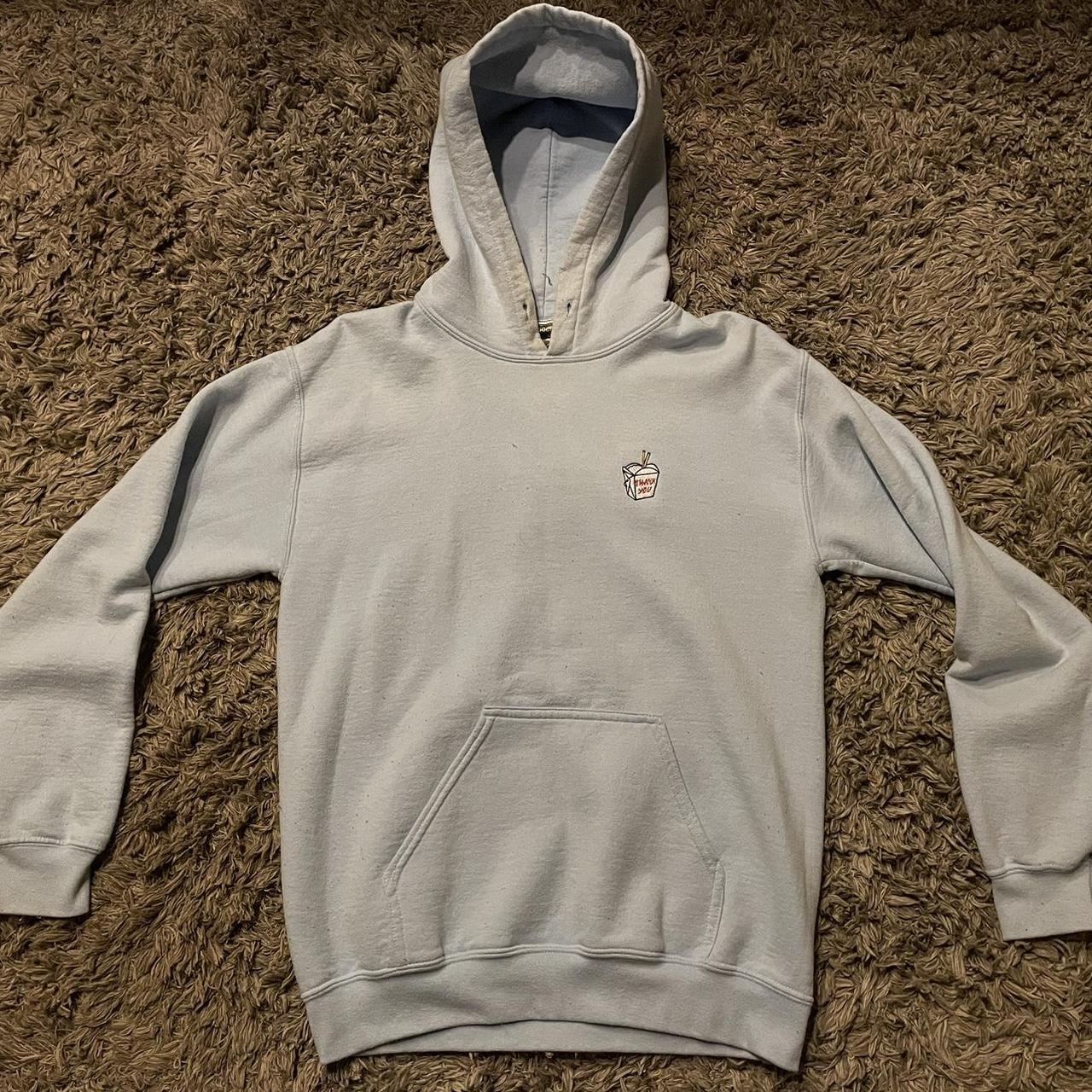 Riot Society light blue graphic hoodie Used. Good... - Depop