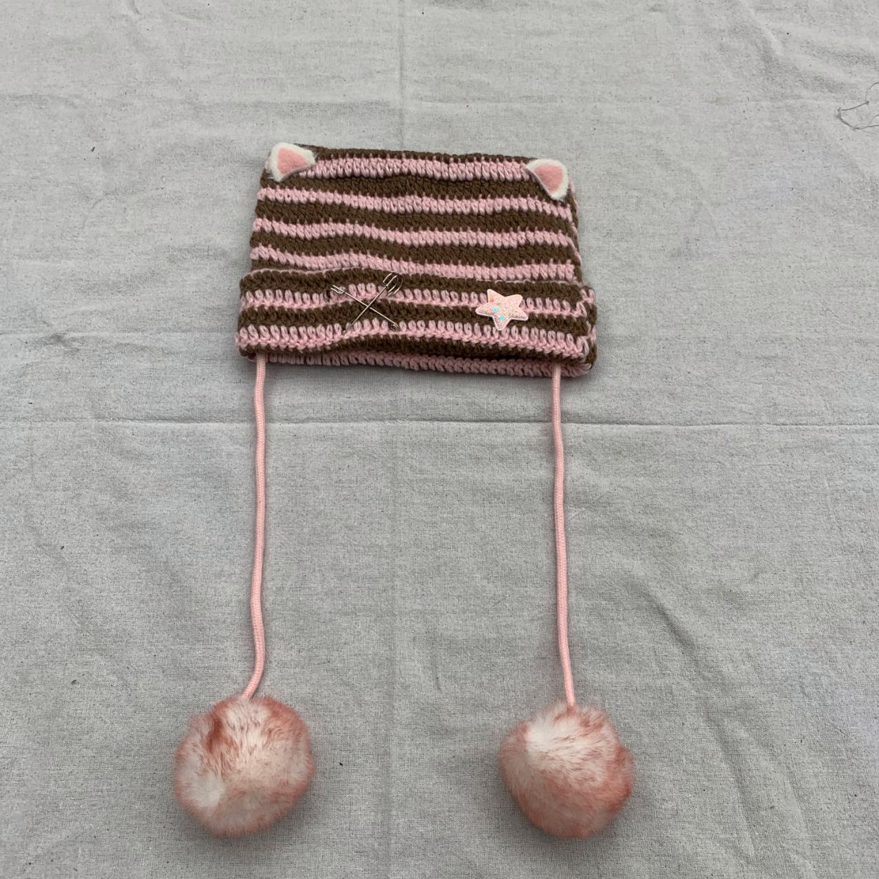 Y2k pink stripe knit beanie with cute cat ears n... - Depop