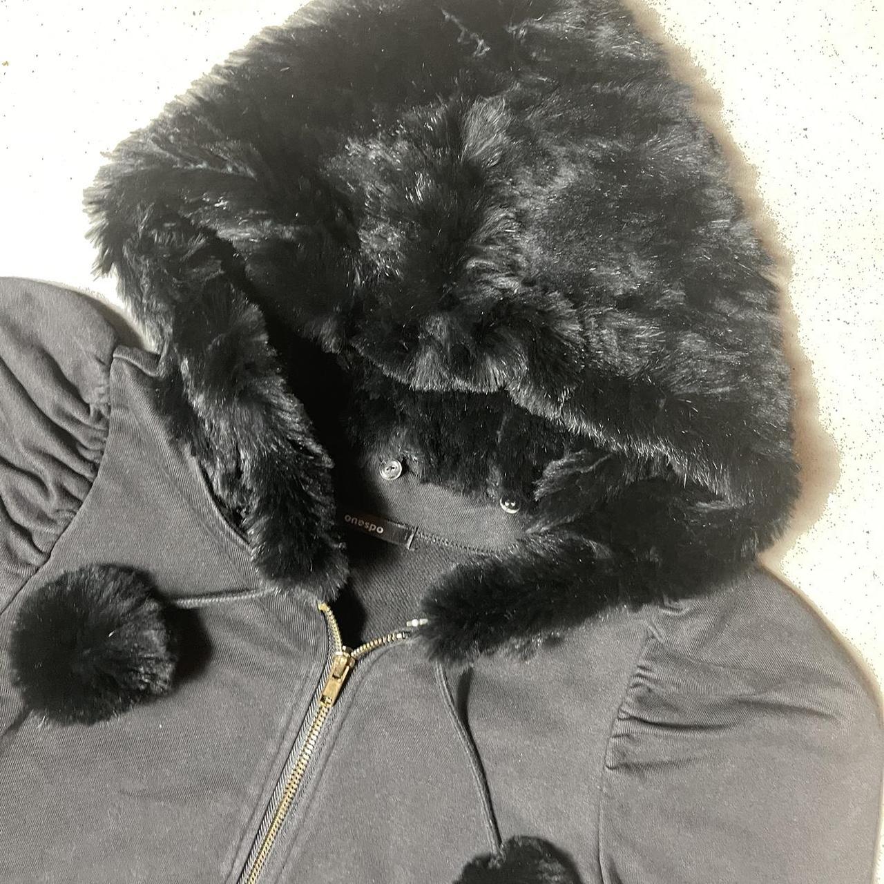 Black Pom Pom fur detachable hoodie puff shoulder... - Depop