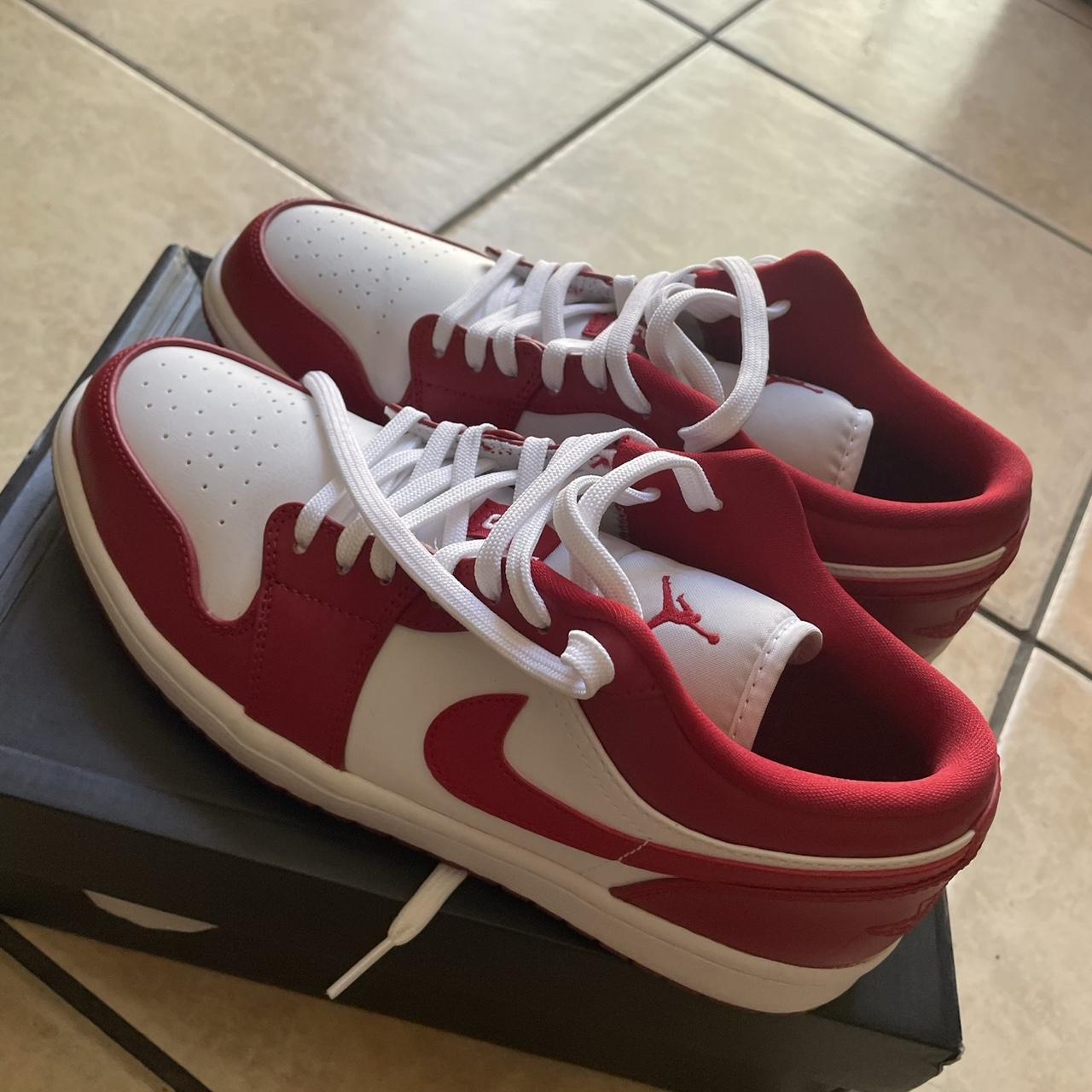 Jordan 1 Flight Strap trainers. Cool grey, gym red, - Depop