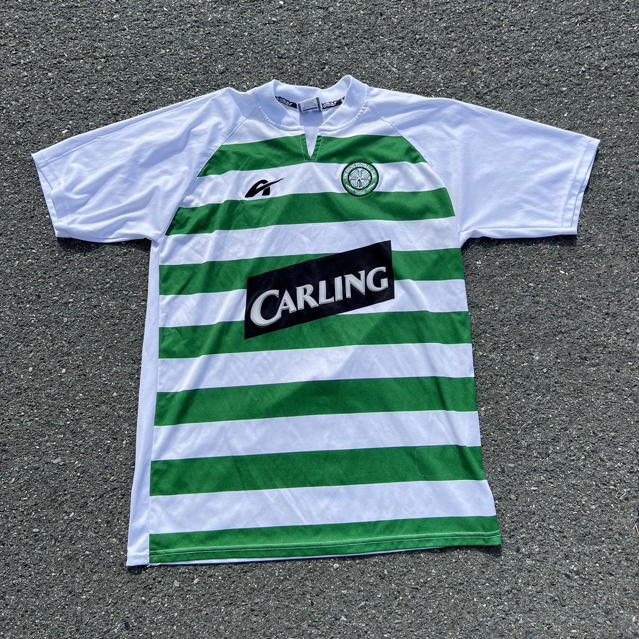 Celtic Carling Green and White Striped Soccer Jersey... Depop