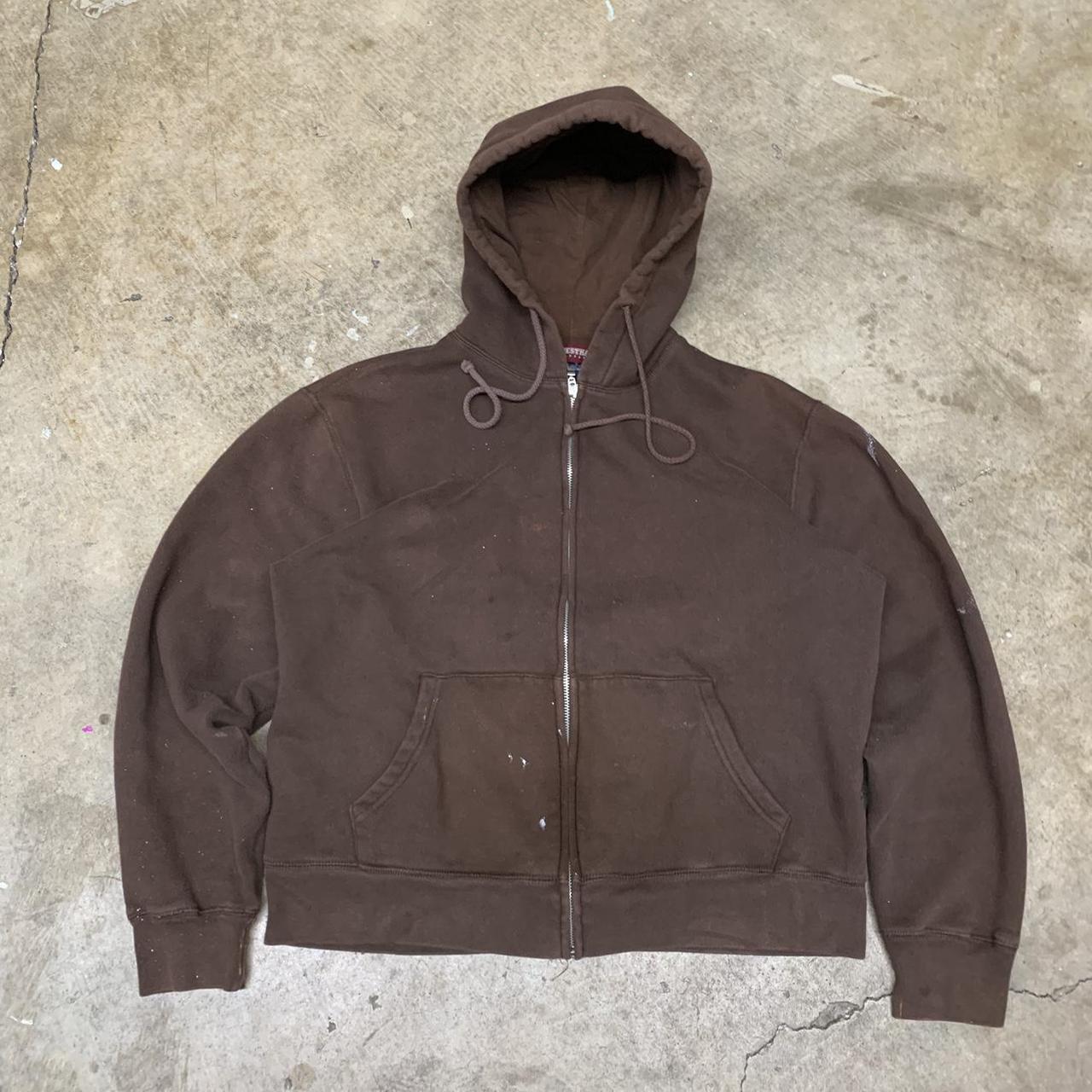 BROWN BLANK HOODIE WITH LITTLE BIT OF PAINT SIZE... - Depop