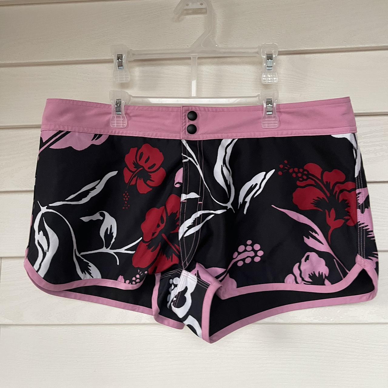 y2k style pink hibiscus hawaiian board swim shorts... - Depop