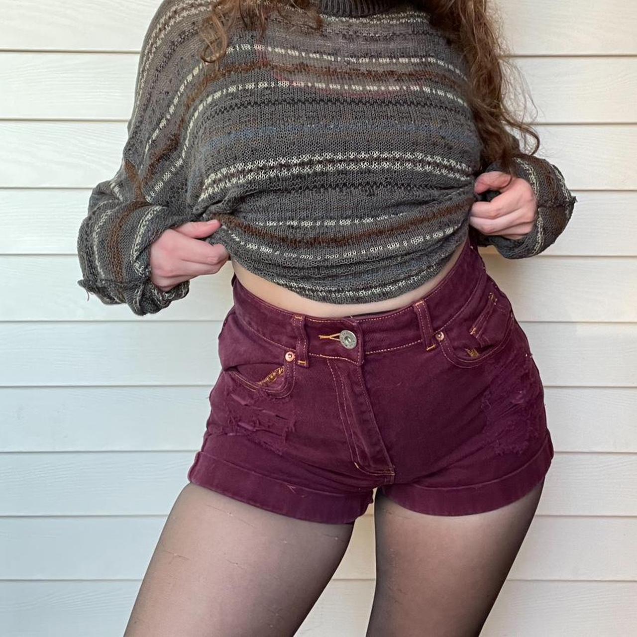 Burgundy high waisted denim shorts sale