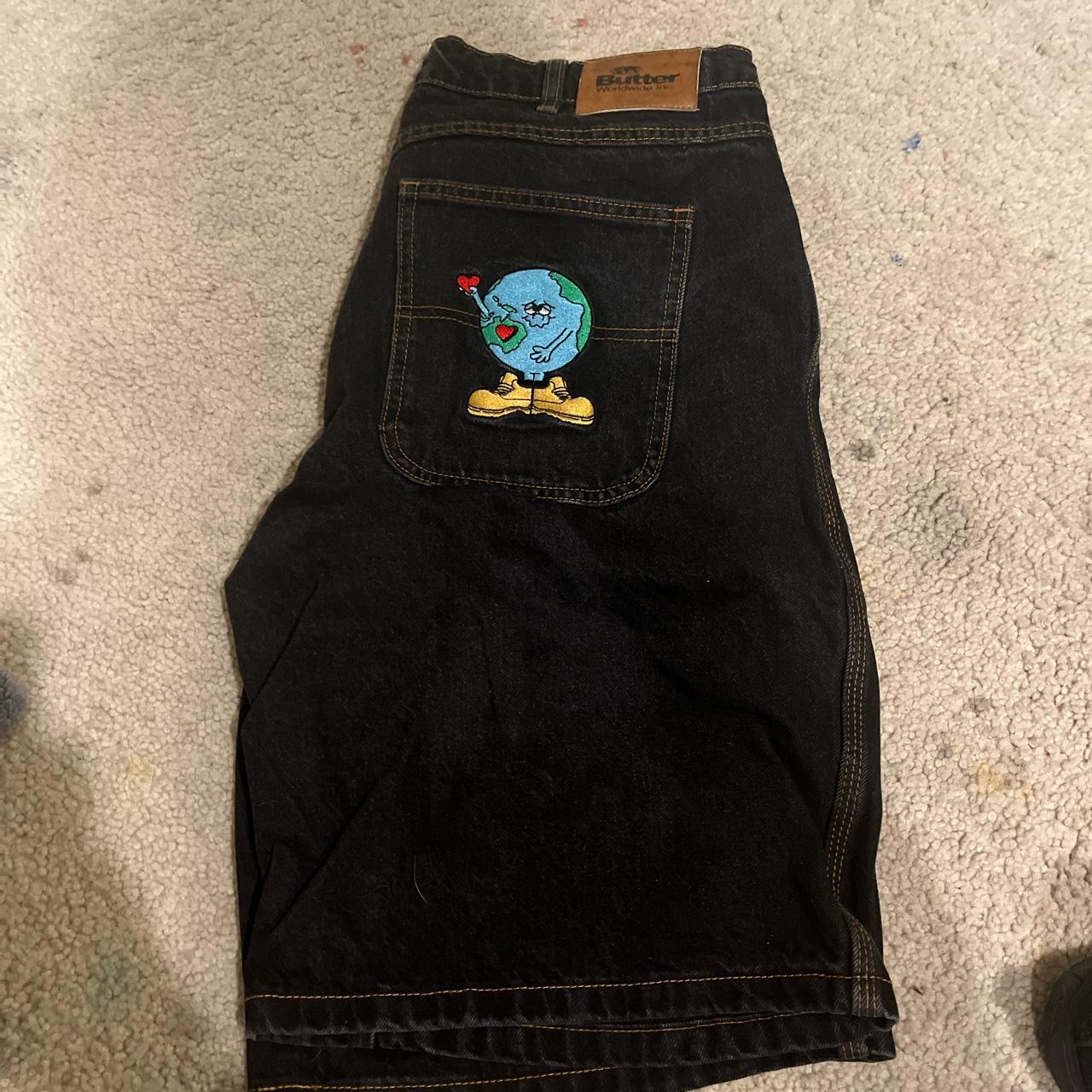 Size 34 butter goods jorts black with design on back... Depop